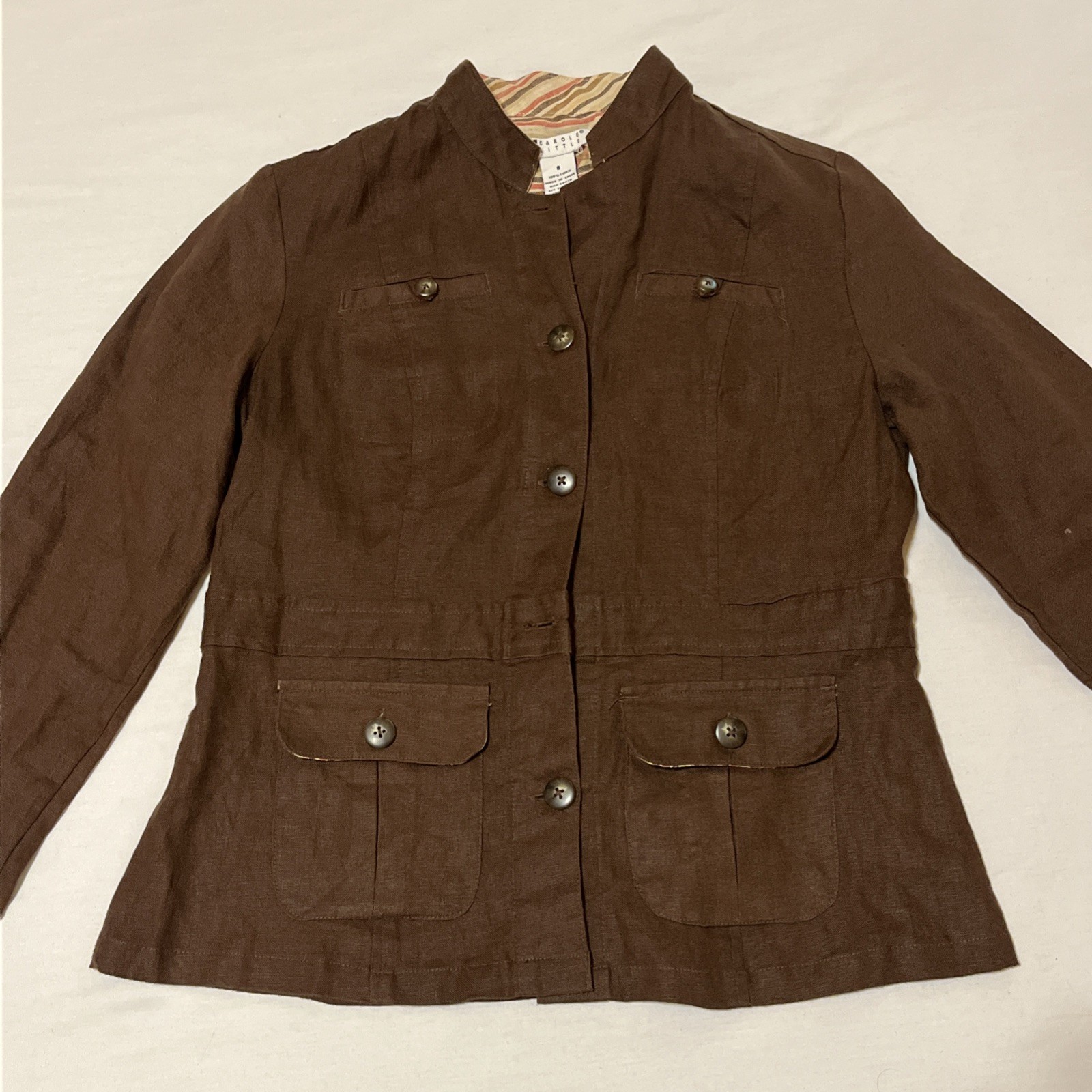 Vintage Carole Little Jacket Blazer Size 8 Linen Button Up Striped Cuff