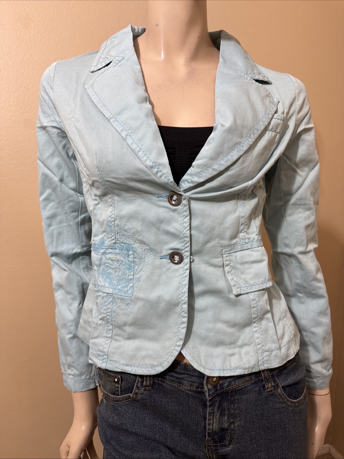 Women’s Sky Blue Cotton Casual Slim Vintage Embroidered Buttons Size S Blazer