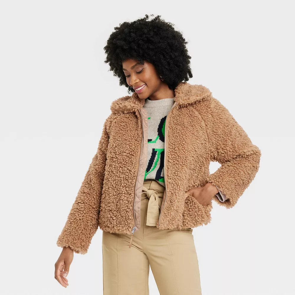 Women Faux Fur Bomber Jacket – A New Day Brown M