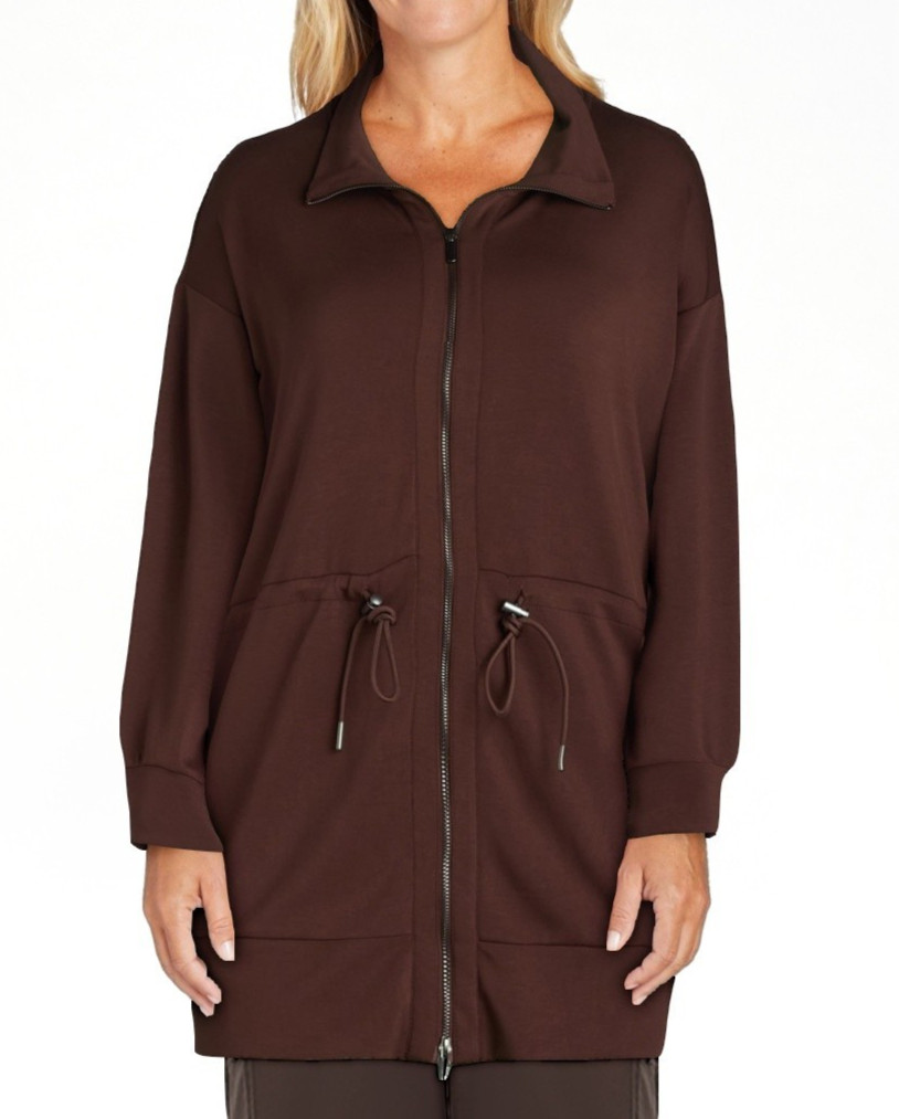 Scoop Womens Jacket Size S Chicory Coffee Scuba Knit Long-line Drawstring Zip
