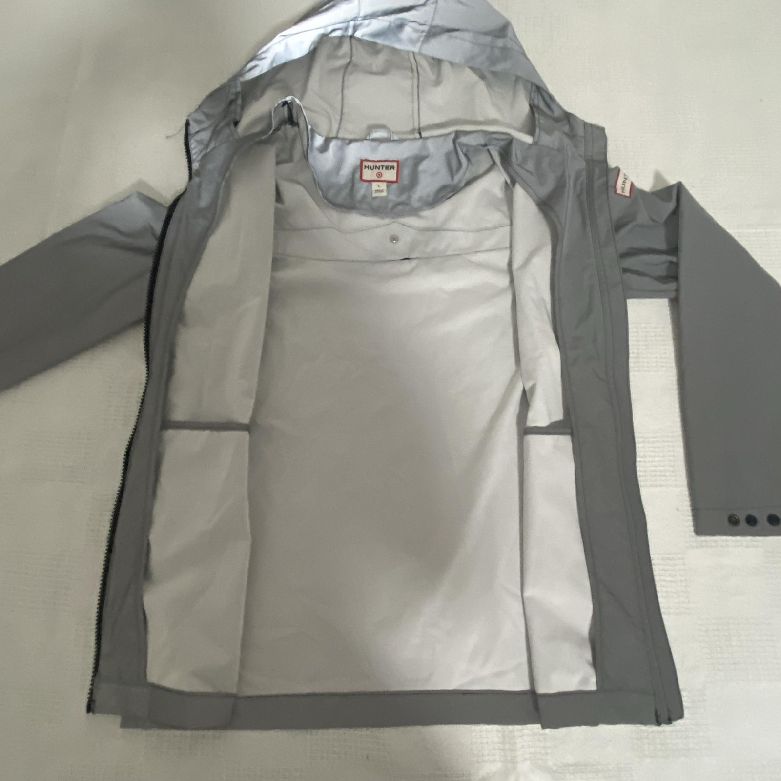 Hunter Jacket Womens Large Gray Hooded Rain Coat Full Zip Lightweight Casual