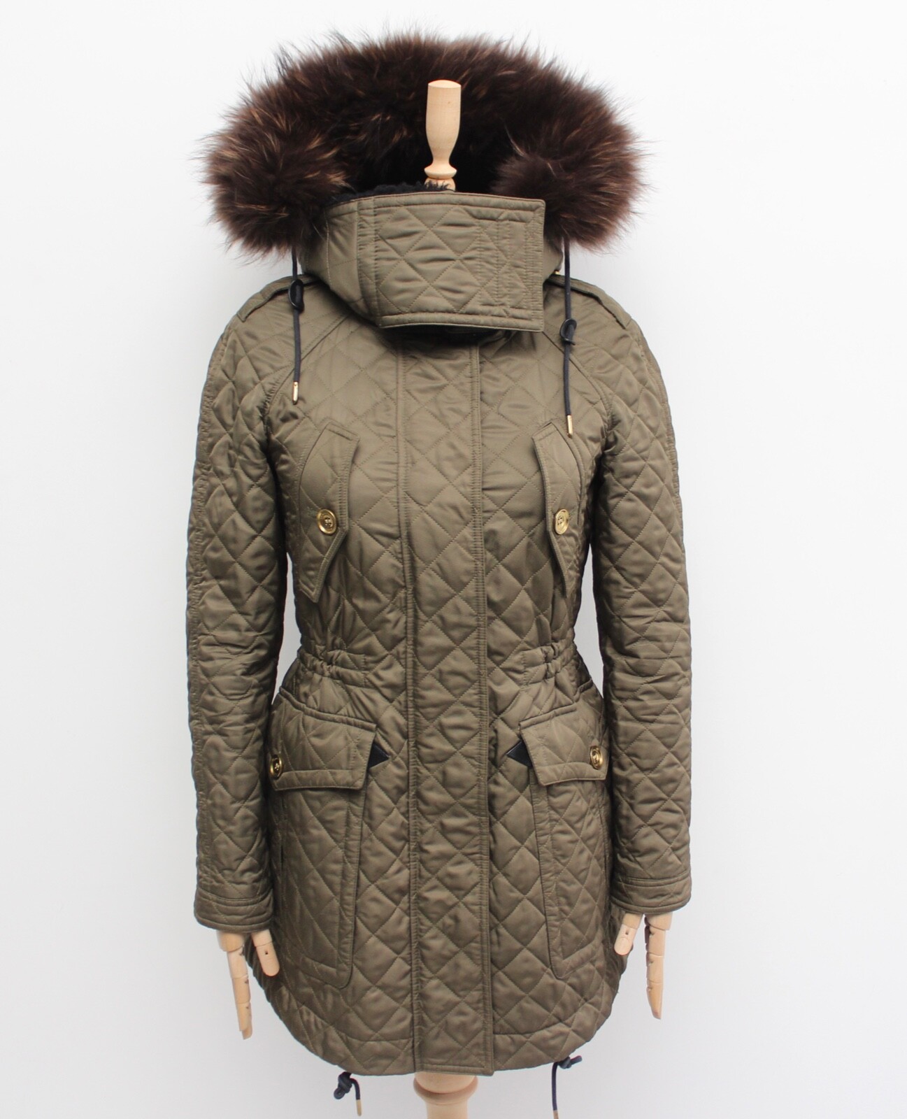 Authentic Women’s BURBERRY BRIT Quilted Jacket Parka Long Nova Check Fur Trim XS