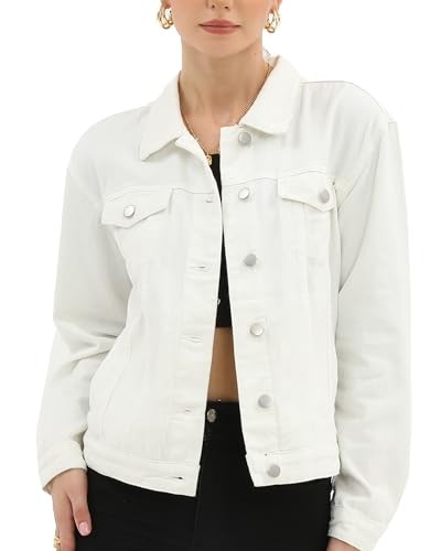 ARGSTAR DENIM JACKET FOR WOMEN BUTTON UP LONG SLEEVE WITH POCKETS WHITE M