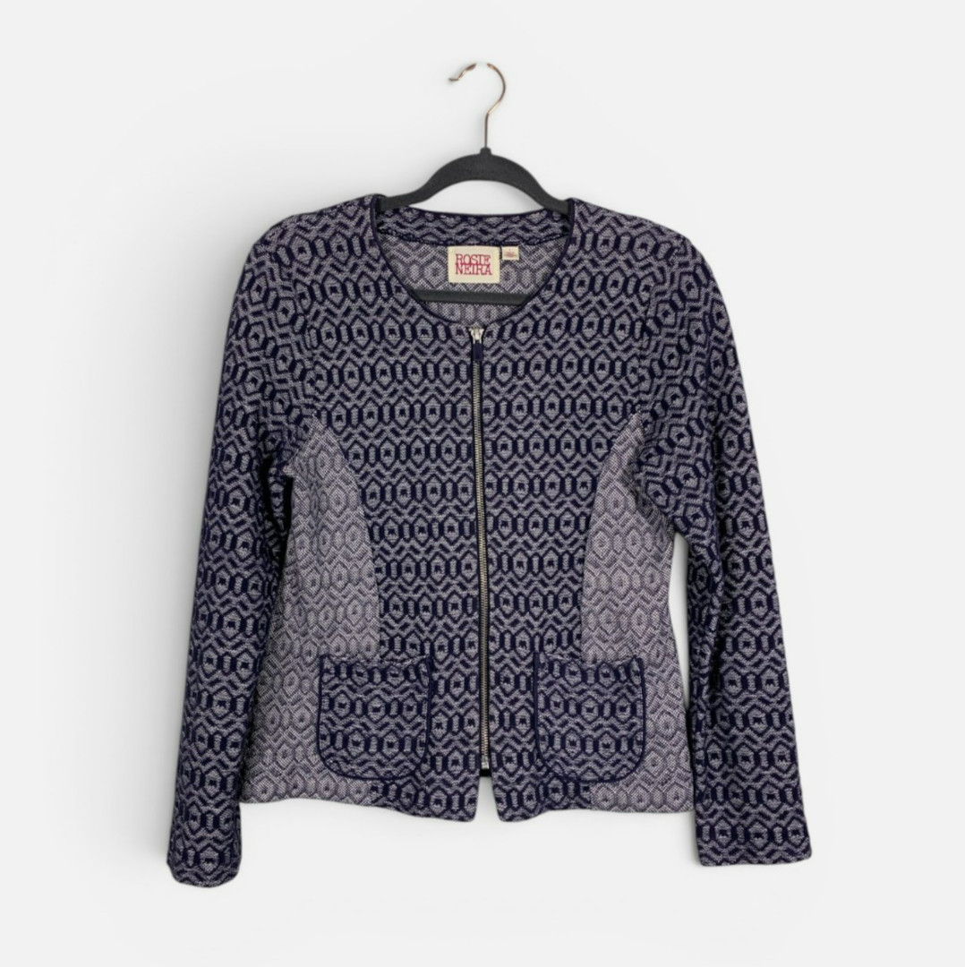 Anthropologie Rosie Neira Jacket Blue Gray Geo Diamond Zip Large
