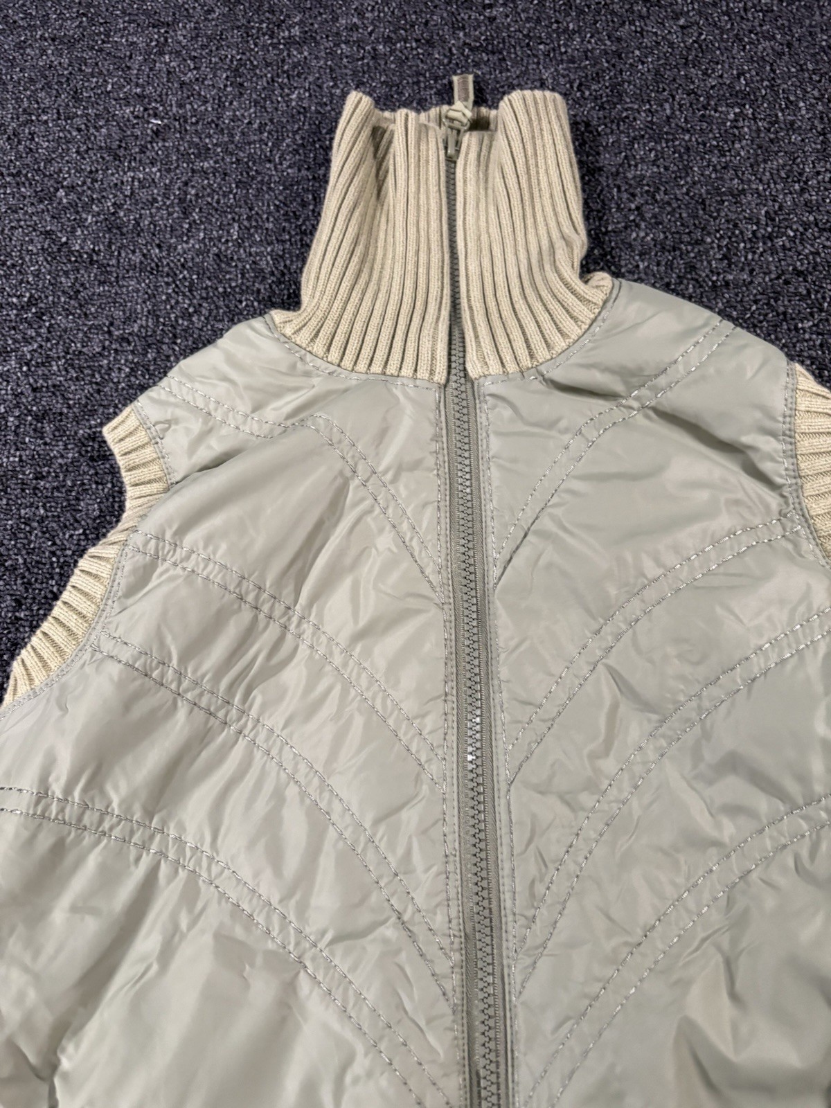 DKNY Jeans Petites Padded Vest Olive Green Junior Small Ribbed Back Knot Cotton