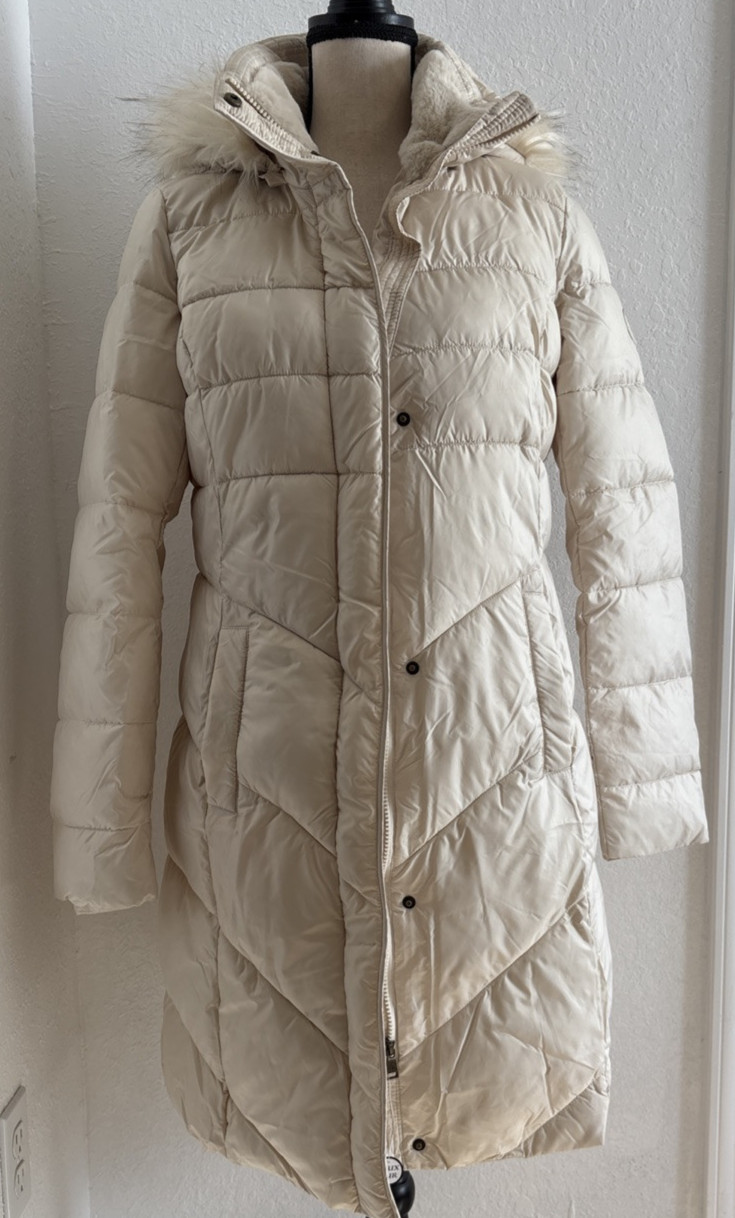 Larry Levine Faux-Fur-Trim Hooded Puffer Coat Ivore Size Medium