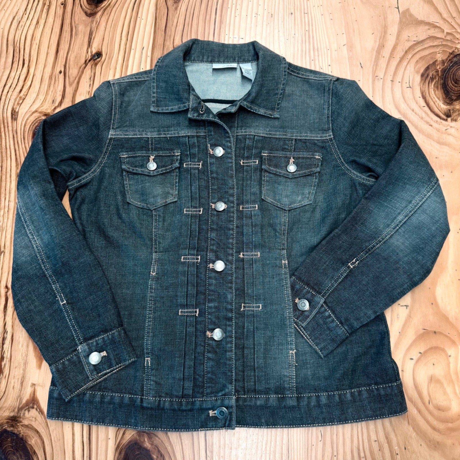 Chicos Platinum Denim Jacket Dark Wash Button Front Size 1 Medium RN 79984