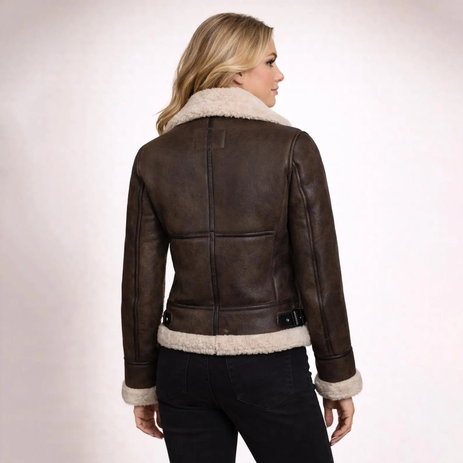 Women’s Brown 100% Real Sheepskin Leather Jacket Aviator Bomber Fur Lined Coat
