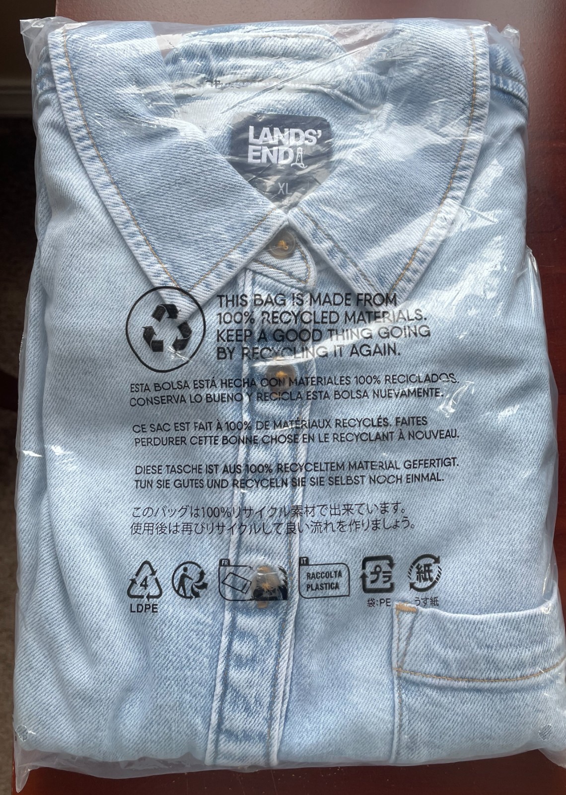 Lands End Women’s XL Denim Long Sleeve Shirt Breeze Blue Wash Brand New