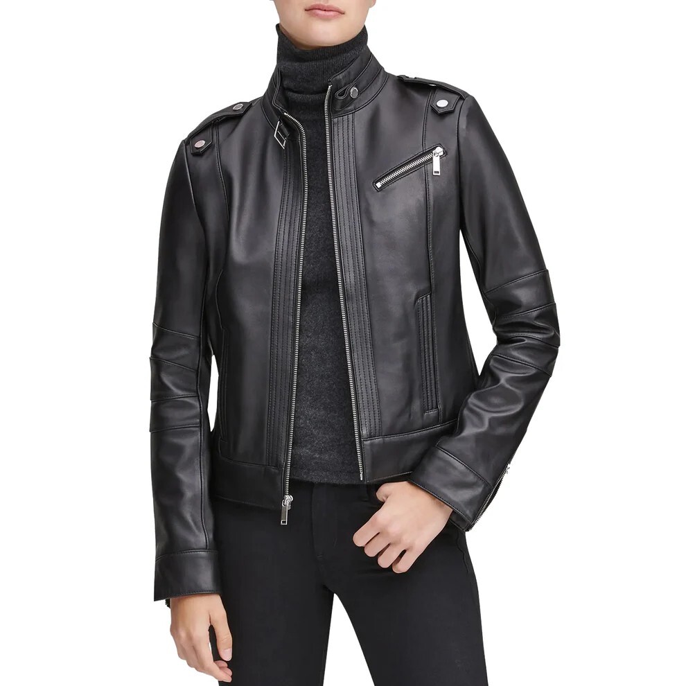 Black Stand Collar Leather Moto Jacket Black Color Real Leather jacket for women