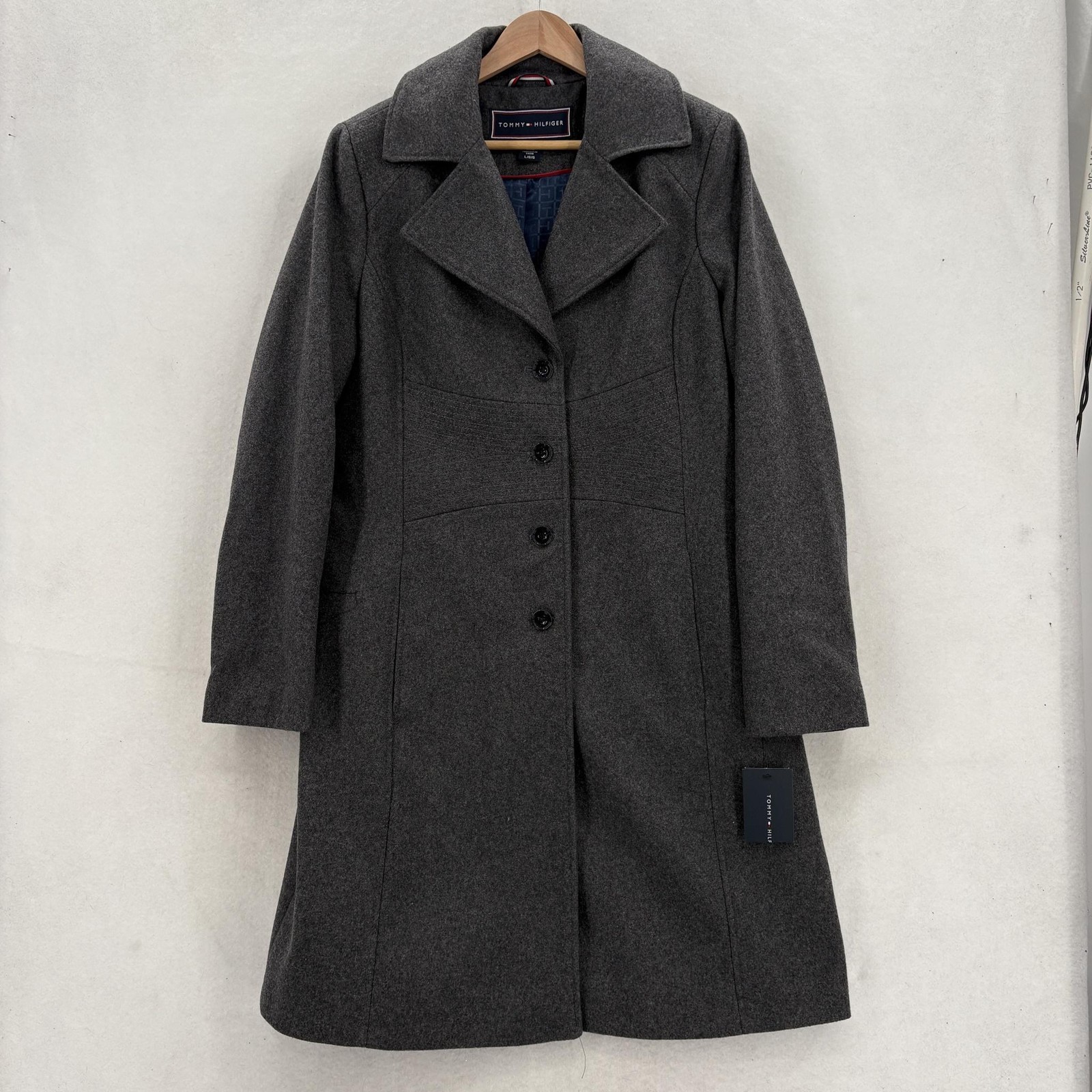Tommy Hilfiger Coat Womens Large Gray Wool Blend Long Overcoat Single Breasted