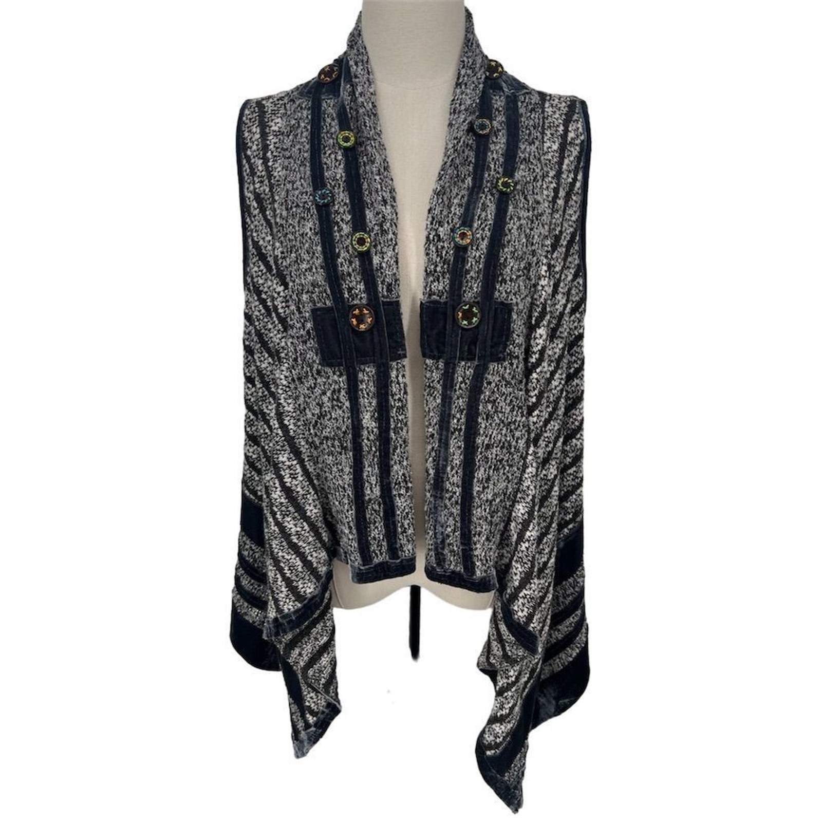 Ania A Women’s Size MEDIUM Black White Striped Knit Vest Boho Asymmetrical Hem