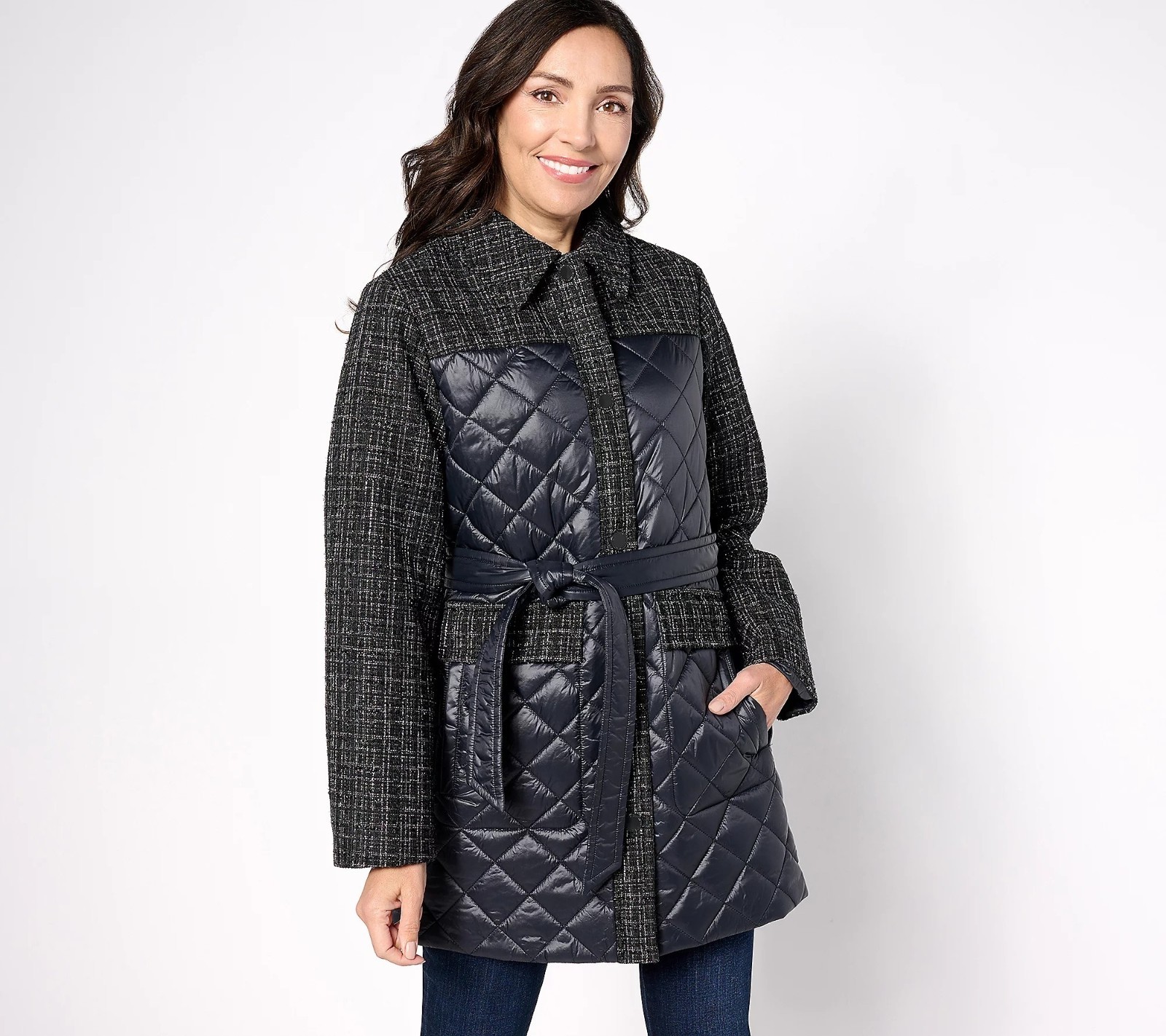 Isaac Mizrahi Live! Quilted Coat Large Belted Snap Front Tweed Accents Black NEW