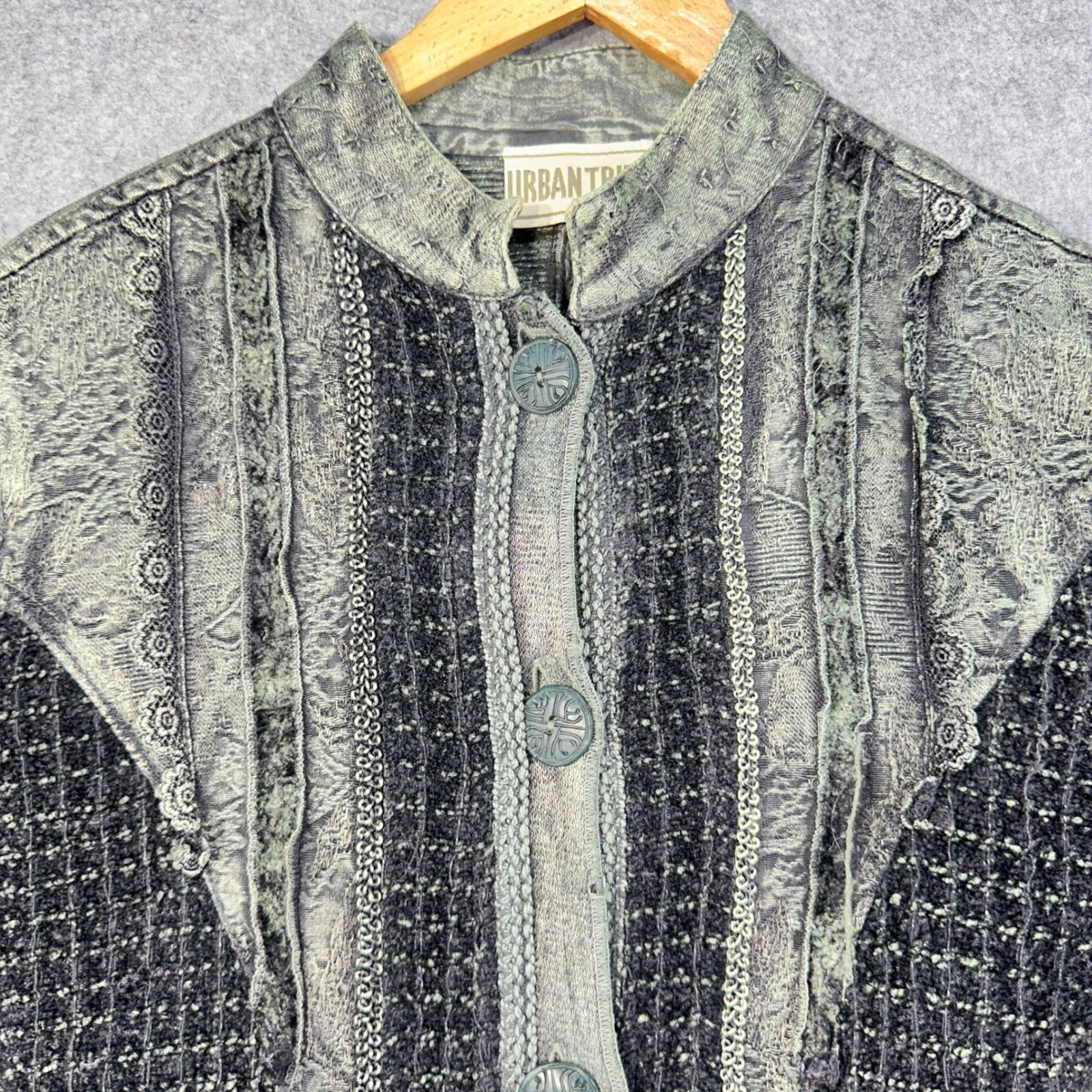 Boho Patchwork Jacket Crochet Trim Textured Artsy Lagenlook Festival Women’s L