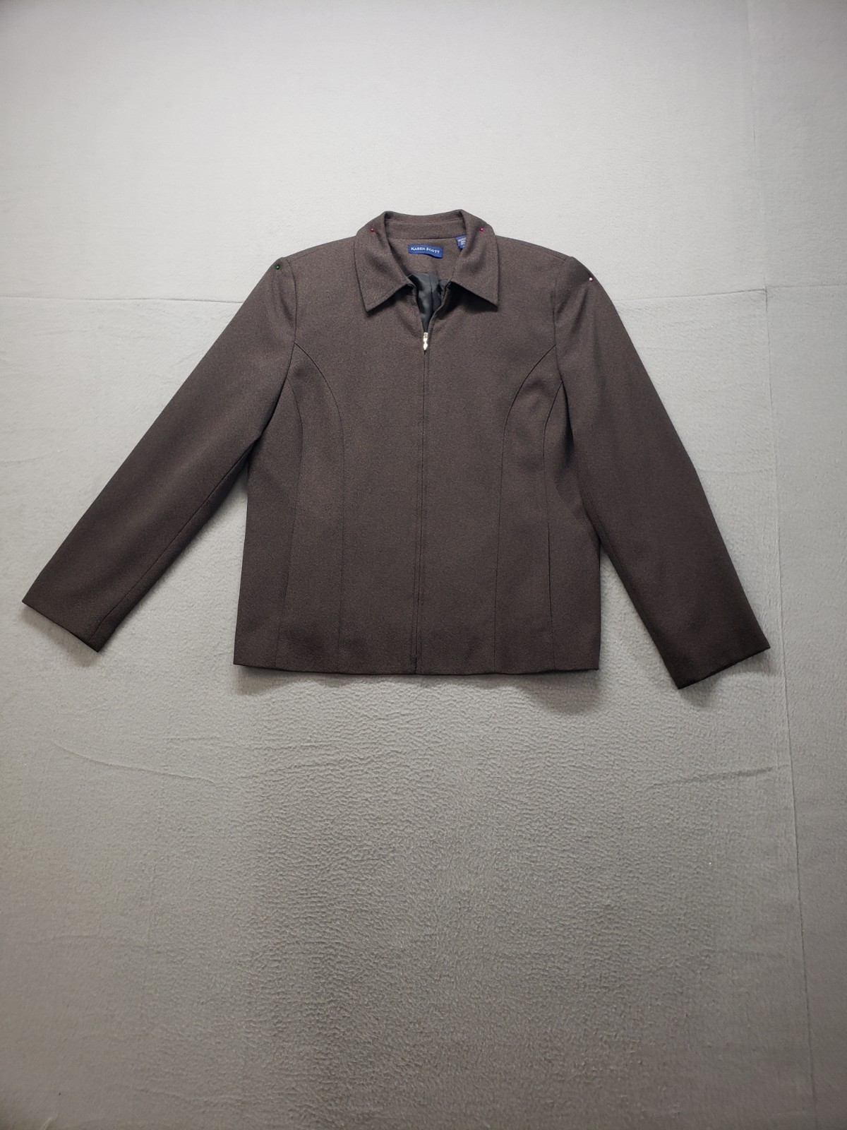 Karen Scott Women Jacket 14 Brown 100% Polyester Full Zip Mock Neck Outerwear