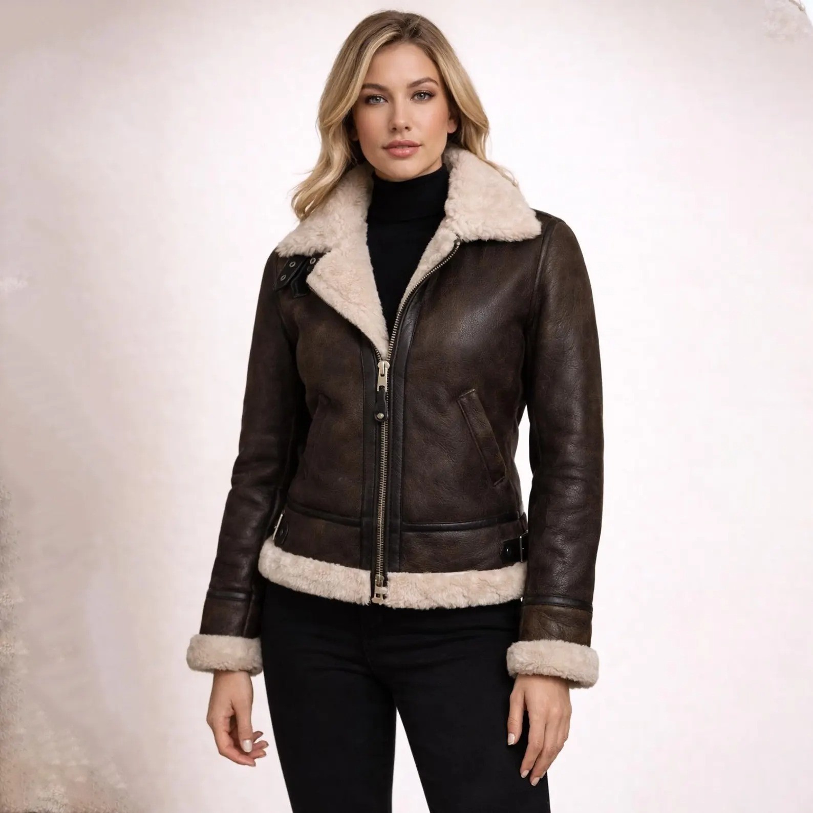 Women’s Brown 100% Real Sheepskin Leather Jacket Aviator Bomber Fur Lined Coat