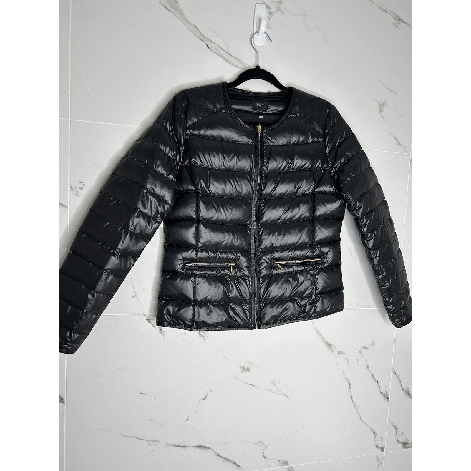 COATOLOGY NEW YORK LIGHT WEIGHT BLACK DOWN JACKET GOLD ZIPPER SZS /LEATHER