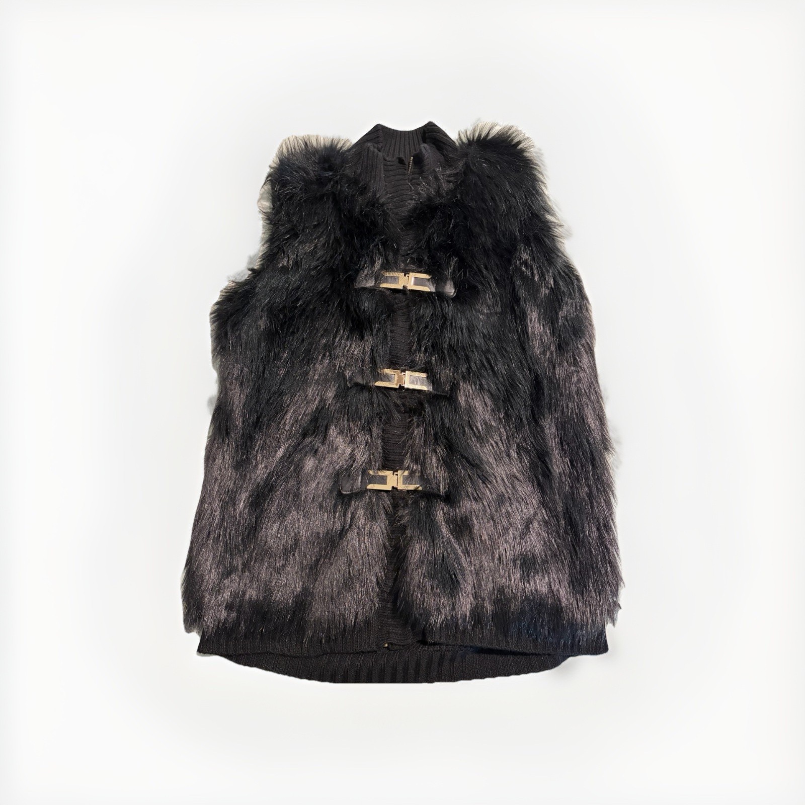 Glamorous Cliche’ Couture Black Faux Fur Vest 30% Wool Size M EUC