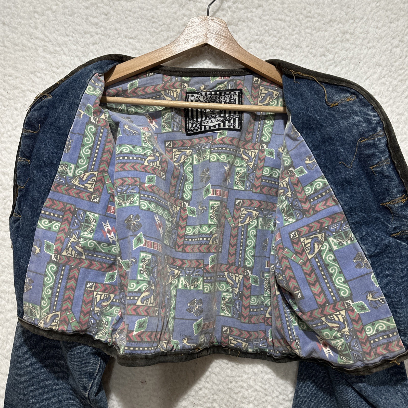 No! Jeans Open Front Aztec Patterned Lined Leather Trim Denim Jacket Size XS, S?