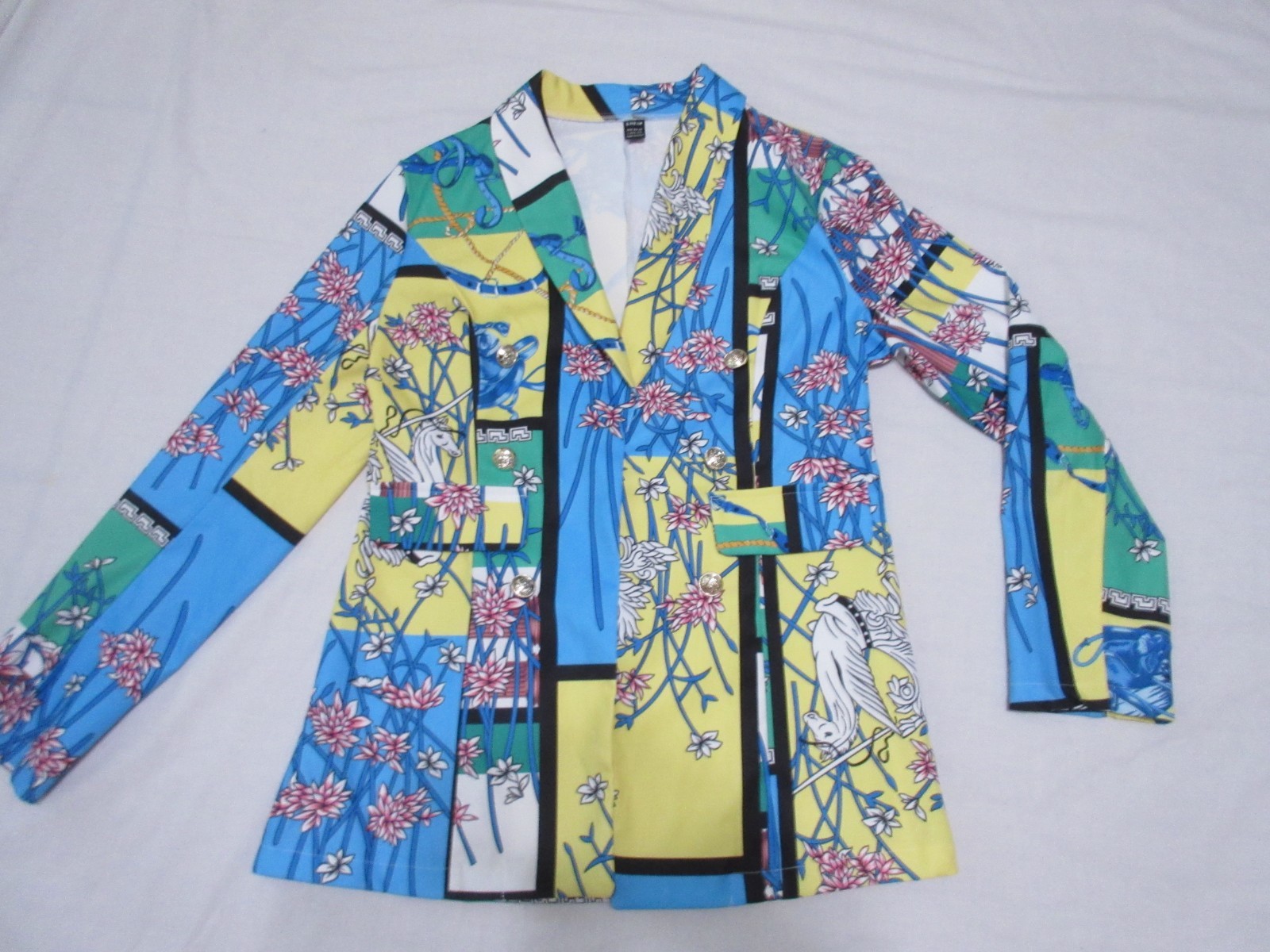 SHEIN Patch Design Open Front Notched Collar Artsy 4 Button Jacket, Size Large