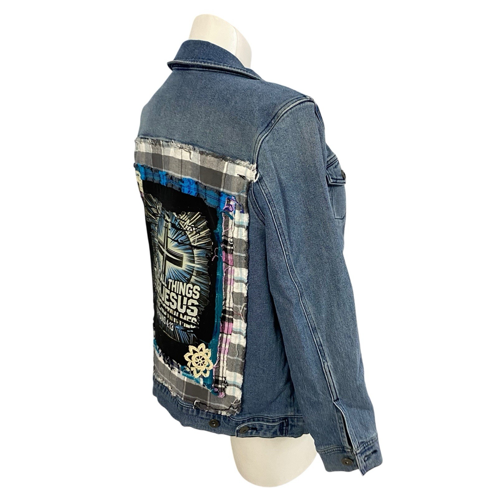 Christian Denim Jacket Womens XL Religious Church Pastor Patchwork Art Upcycled