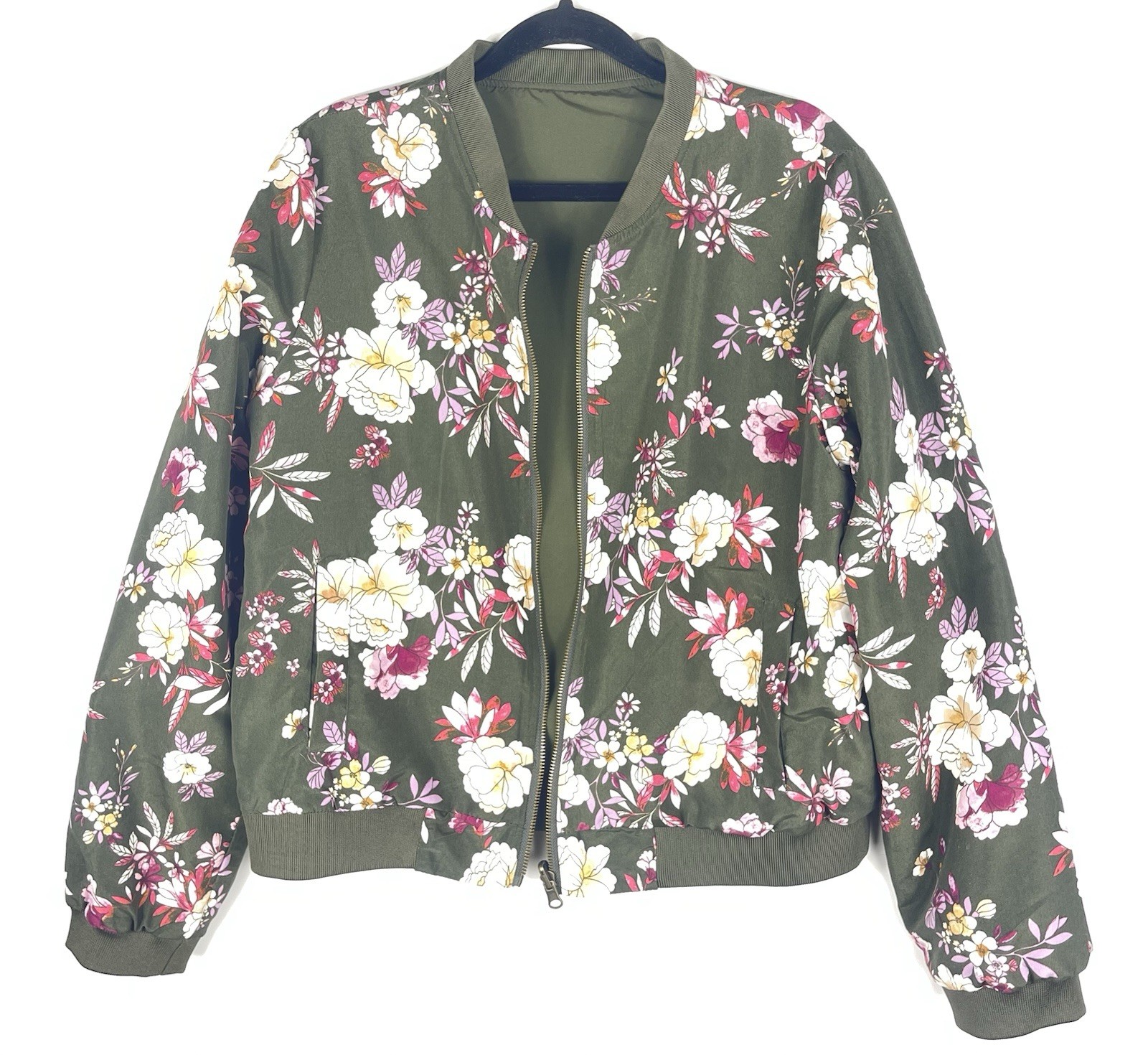 Womens Floral Bomber Jacket Olive Green Zip Up Lightweight Casual Spring Fall