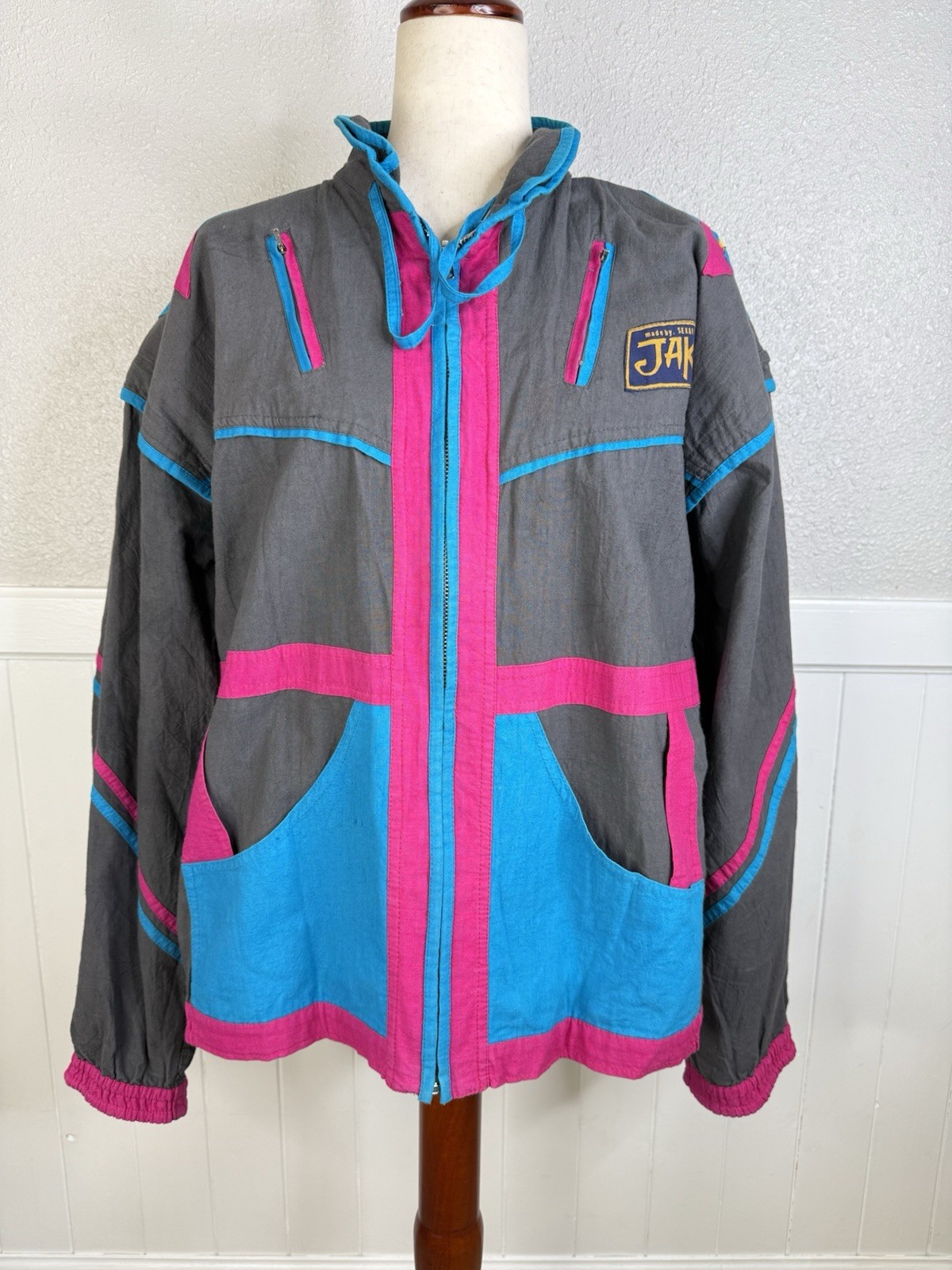 Vtg 80s Jakpac Jacket Women XL Japan Gray Pink Retro Packable Hip Hop Streetwear