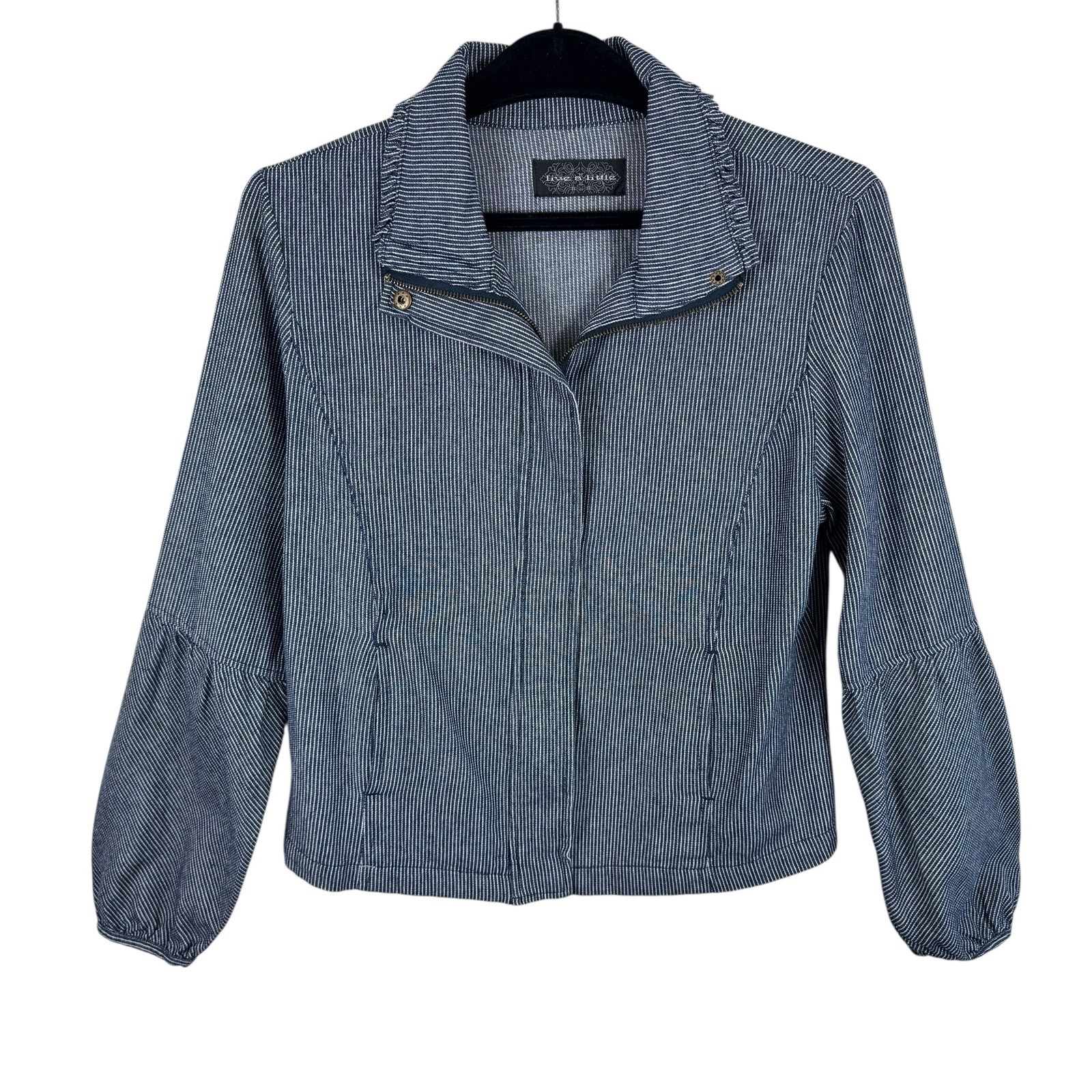 Live A Little Blue White Pinstriped Full Zip Collared Jacket Pockets Size S