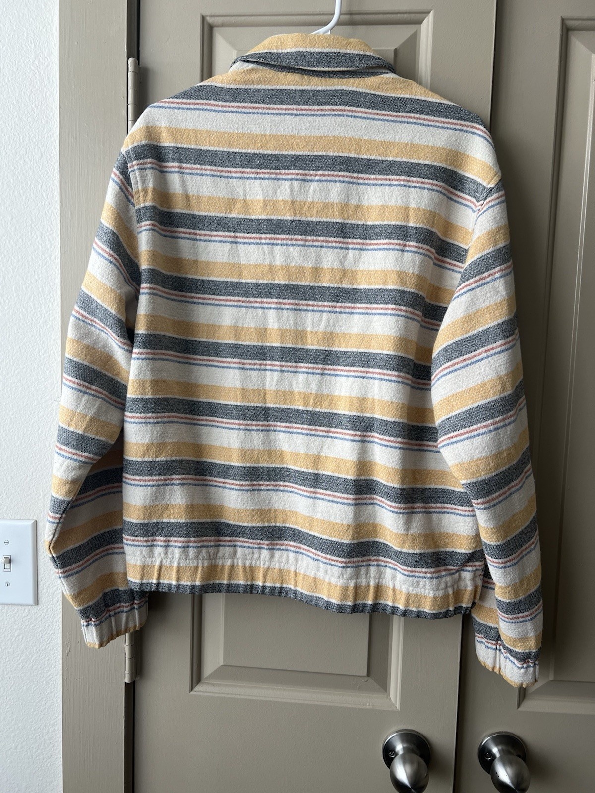 Zara Woman Striped Snap Front Jacket Medium Cotton Blend Mustard Blue Cream