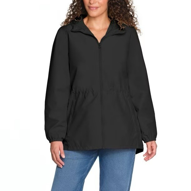 Lands’ End Women’s Black Hooded Rain Jacket With Pouch New With Tags