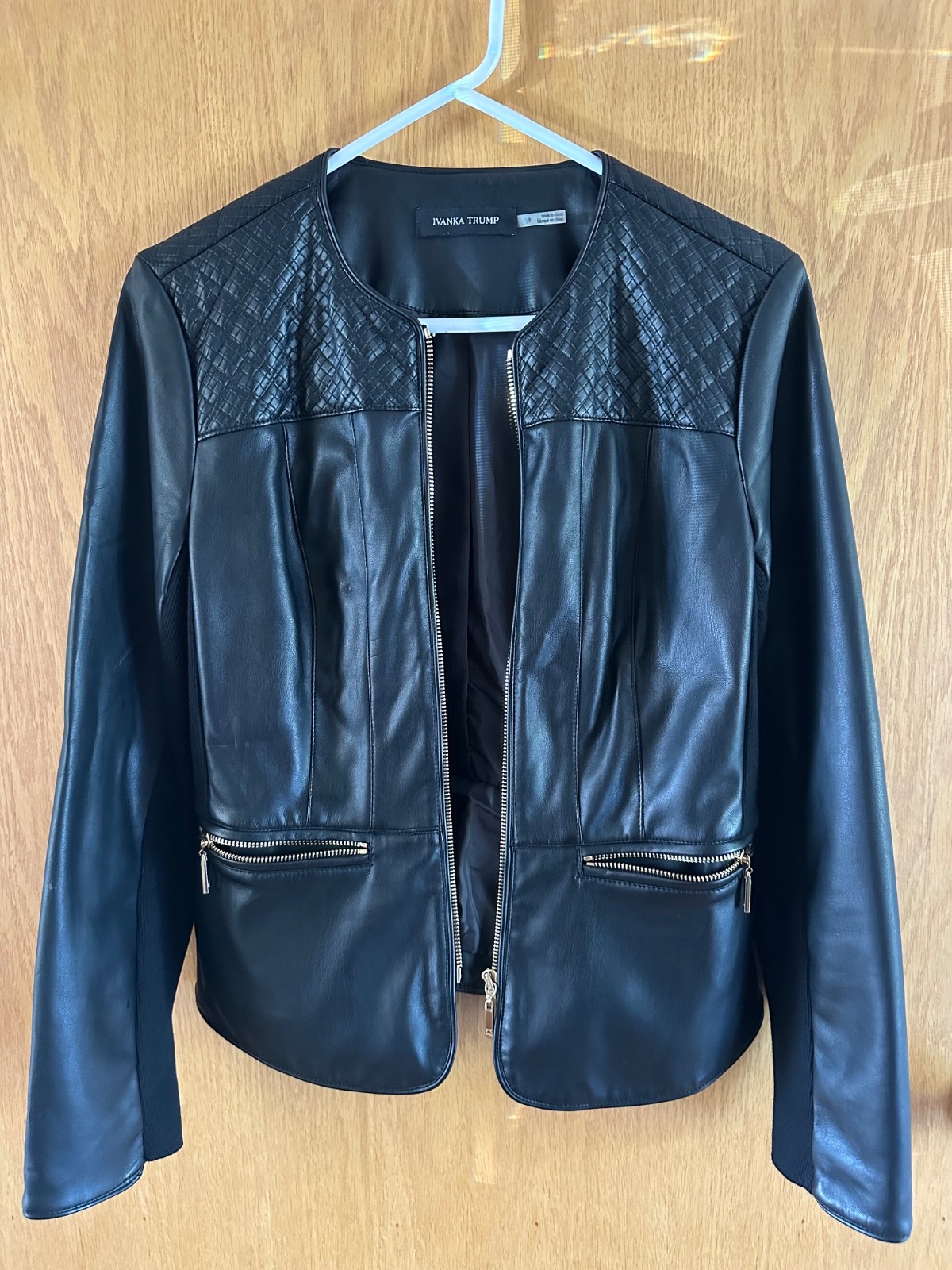 Ladies IVANKA TRUMP faux leather moto jacket, golden hardware, woven look, SP