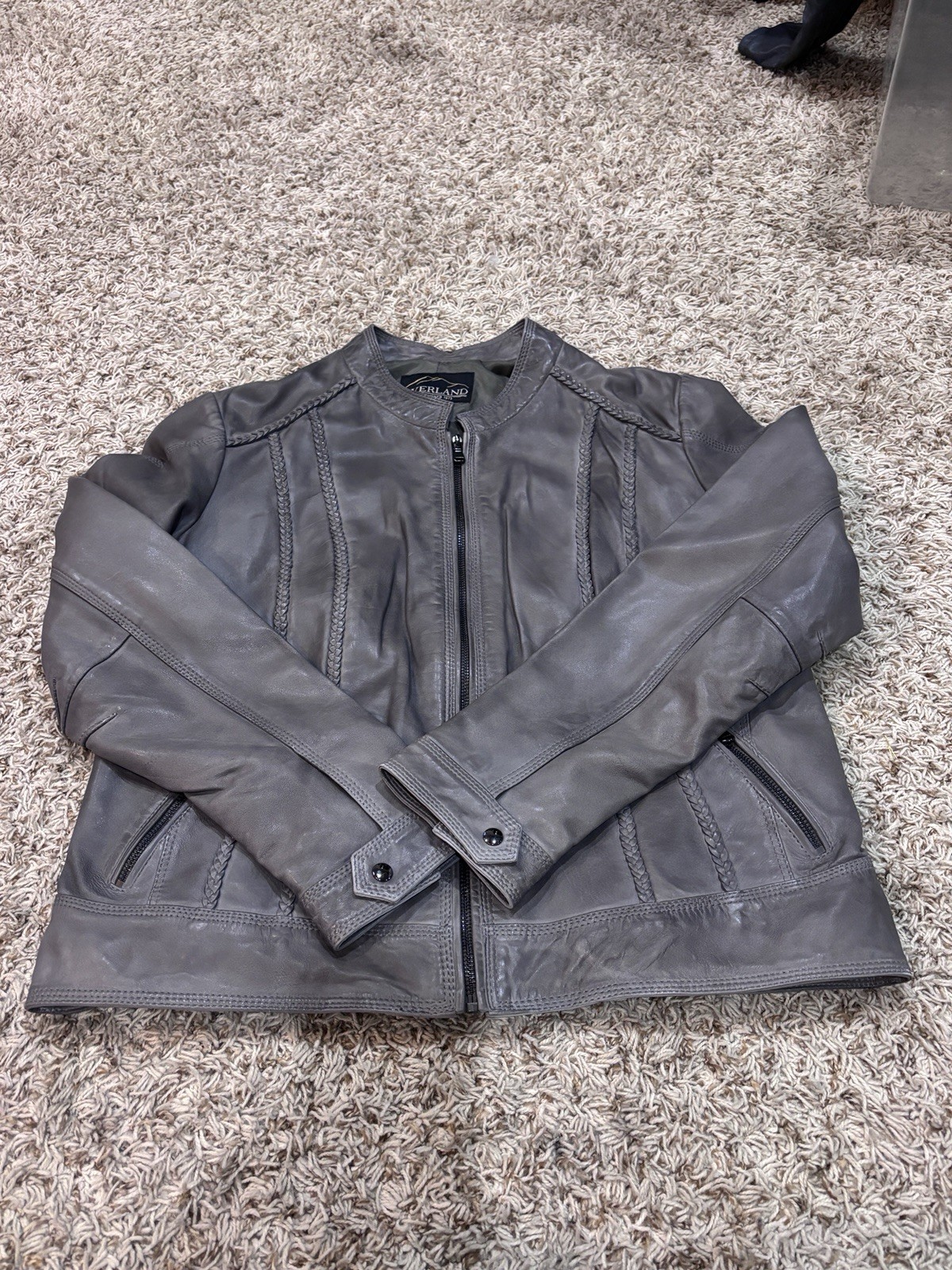 Overland 100% Lamb Leather Jacket Gray Braided Detail Women’s Size L