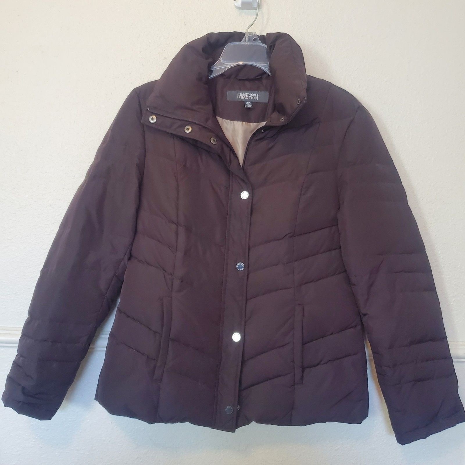 Kenneth Cole Reaction Brown Down Puffer Jacket Chevron Quilted Coat Womens Med