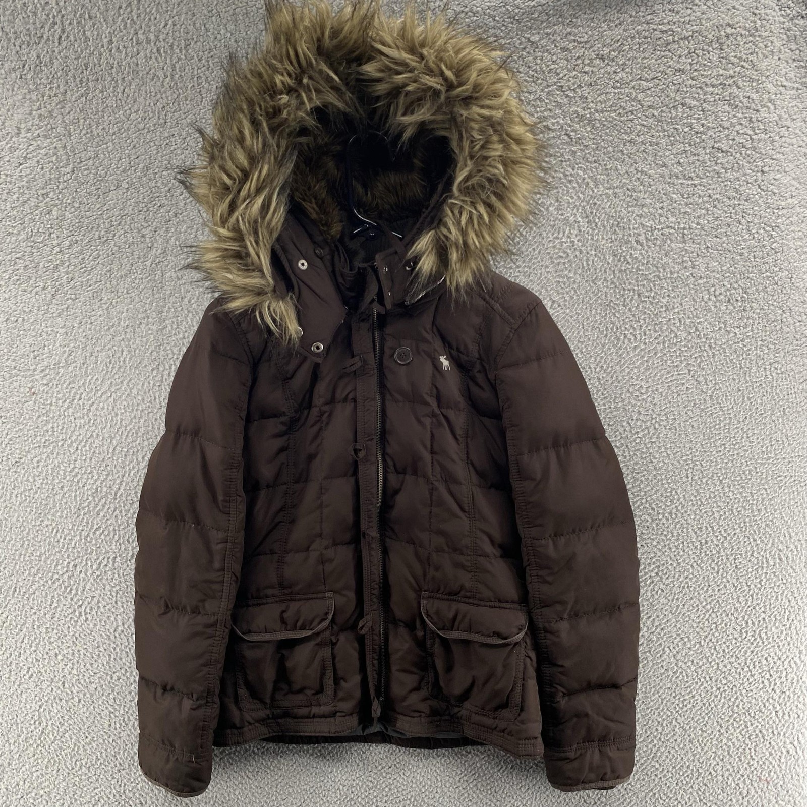 Abercrombie & Fitch Jacket Womens Large Brown Puffer Hooded Fur Hood Y2K