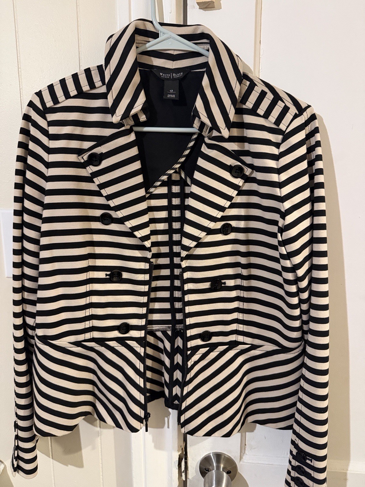 White House Black Market Striped Collared Full Zip Jacket Black/Beige 12