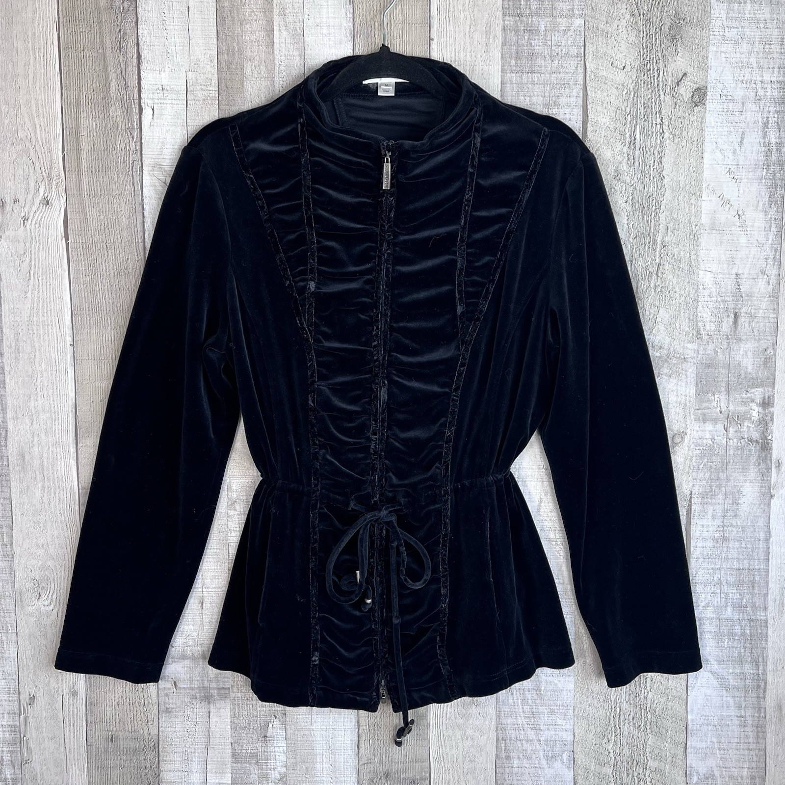 St. John Sport Black Velvet Ruched Zip-Front Jacket Women Medium Luxury Casual