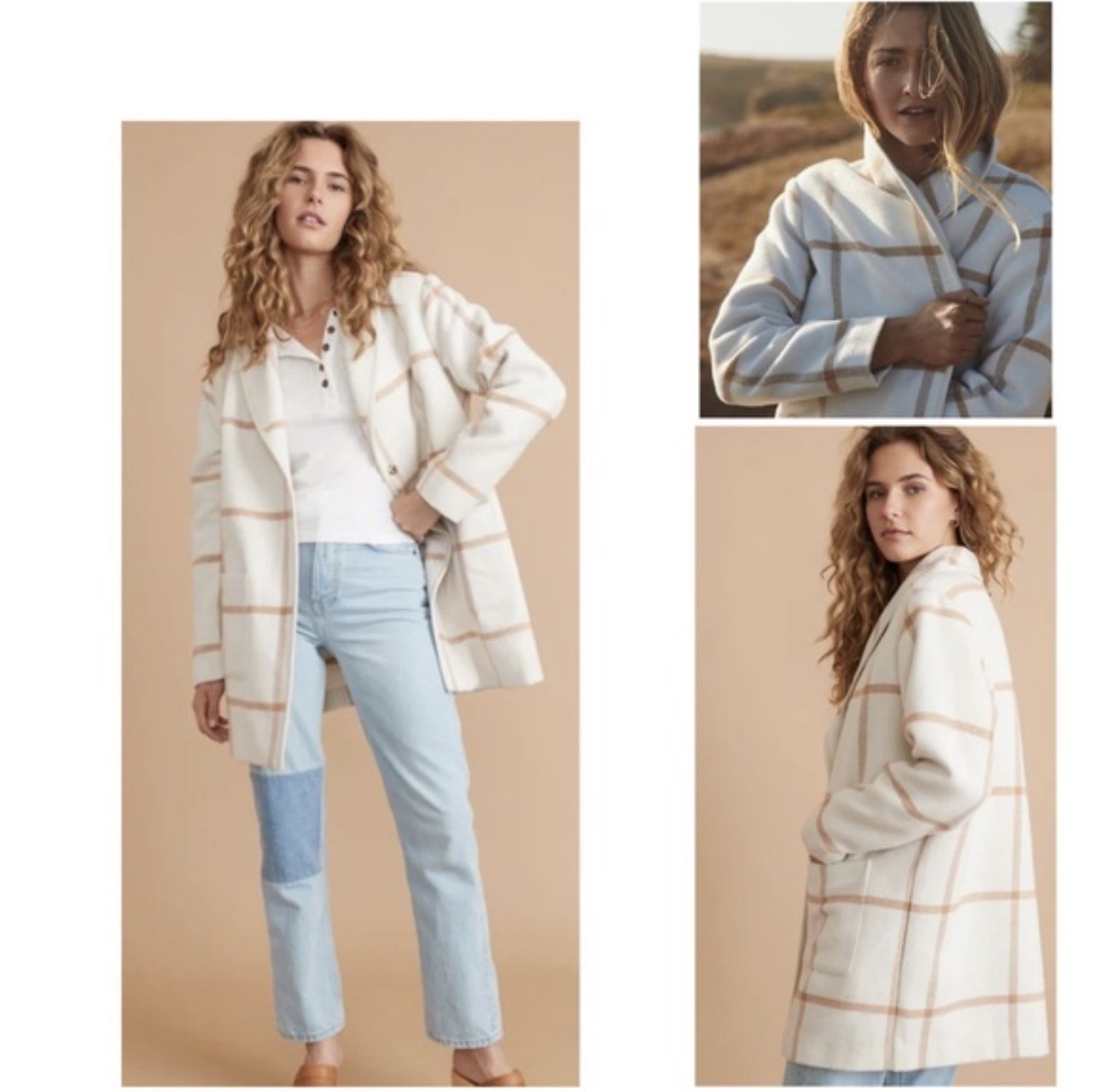 Marine Layer Windowpane Coatigan Women’s XS Shacket Cream Tan Camel
