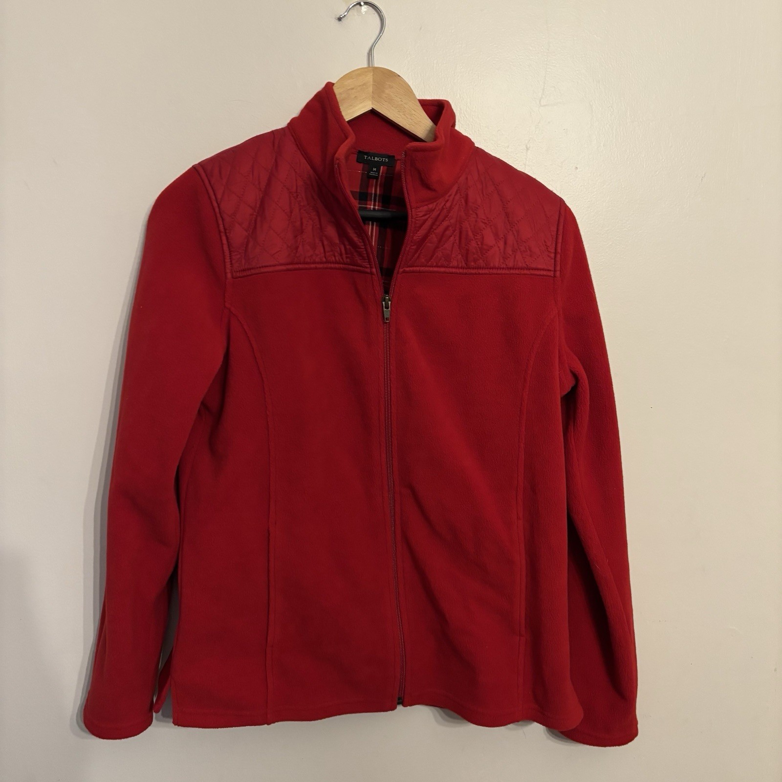 Talbots Women’s Red Quilted Detail Fleece Jacket Full Zip Pockets Size Medium