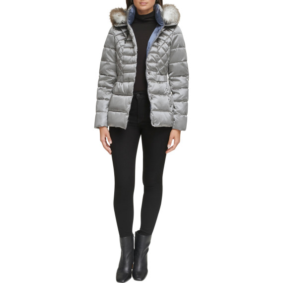 Kenneth Cole Mixed Quilted Metallic Puffer with Faux Fur Trimmed Hood