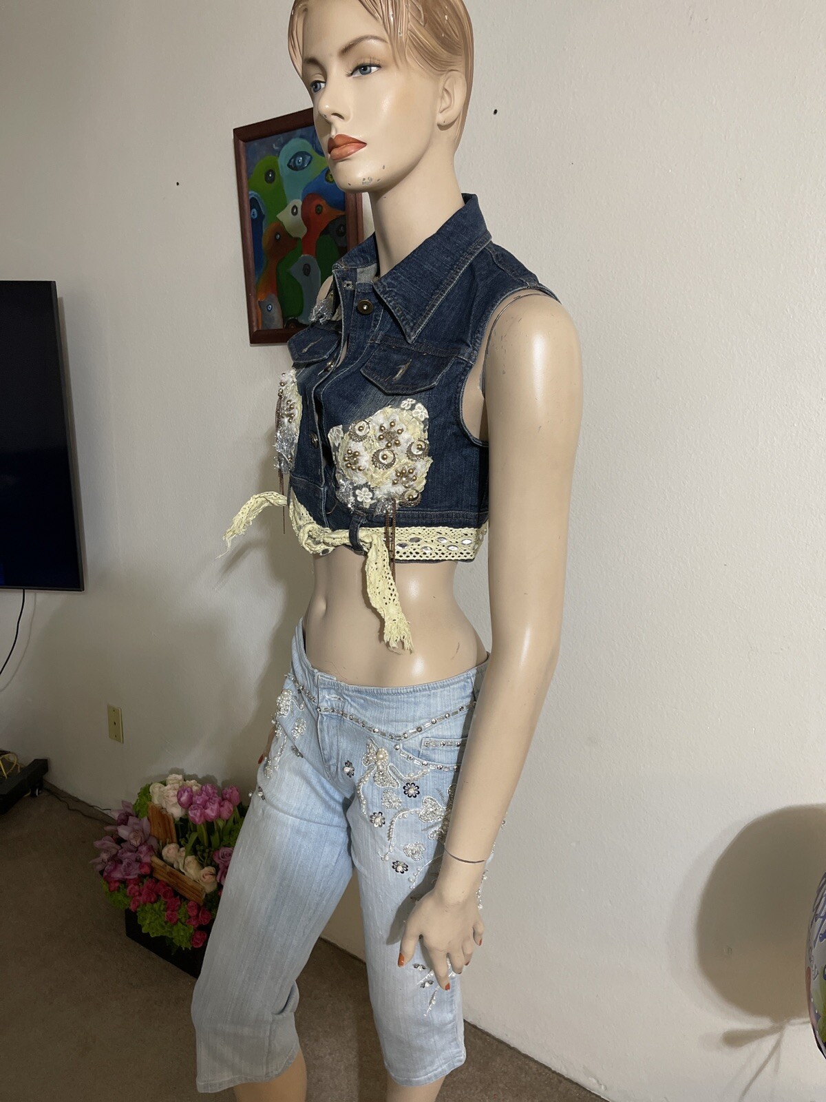 Women’s Blue Denim Cotton Casual Stretch Slim Beaded Lace Button Up Size M Vest