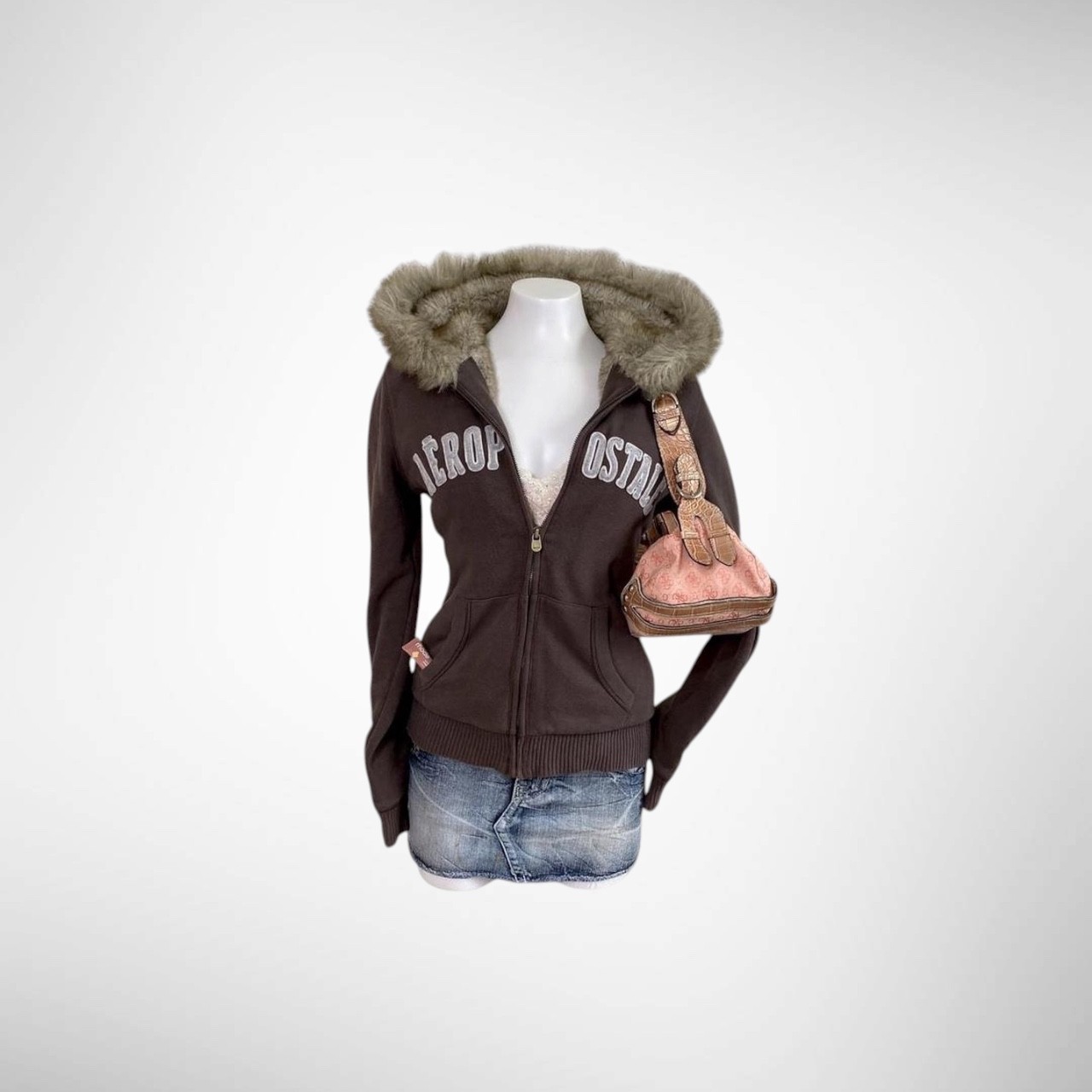 Y2K Aeropostale Brown Zip Up w/ Faux Fur Hood & Lining