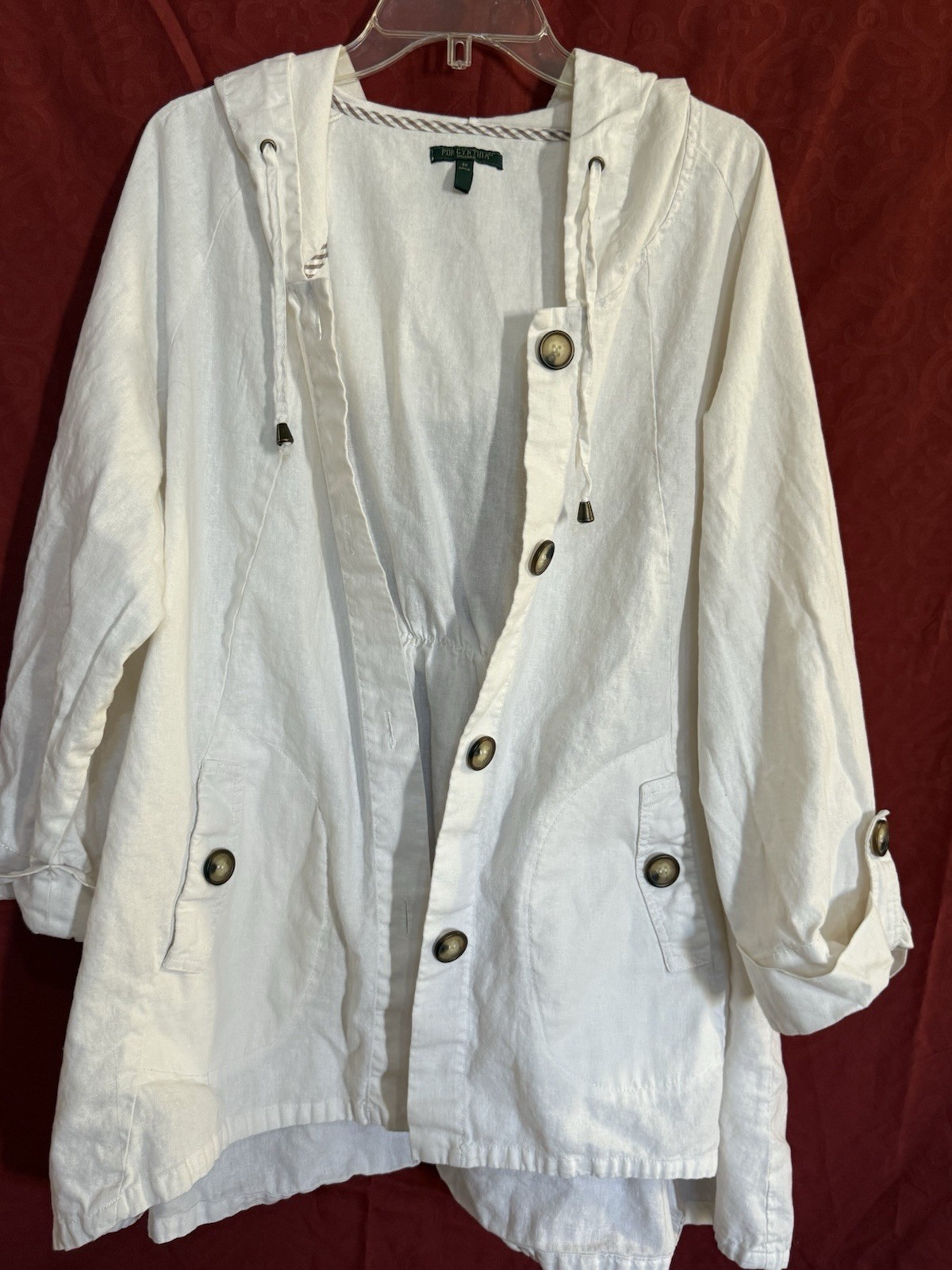 For Cynthia Woman 3X Linen Cotton Hooded Button Jacket White Roll Tab Casual