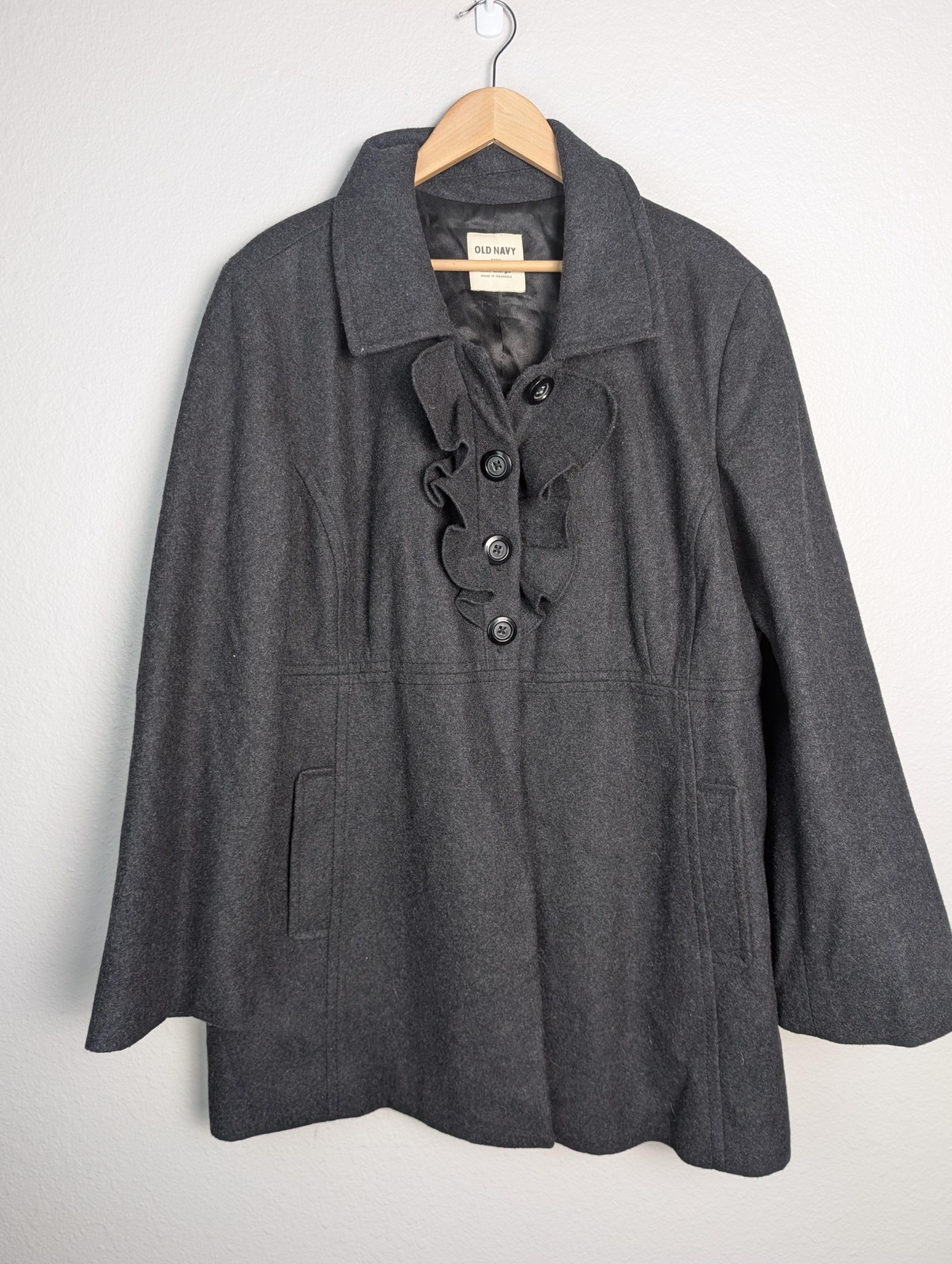 Old Navy Coat Womens XX-Large Gray Wool Blend Ruffle Button Pea Coat Lined