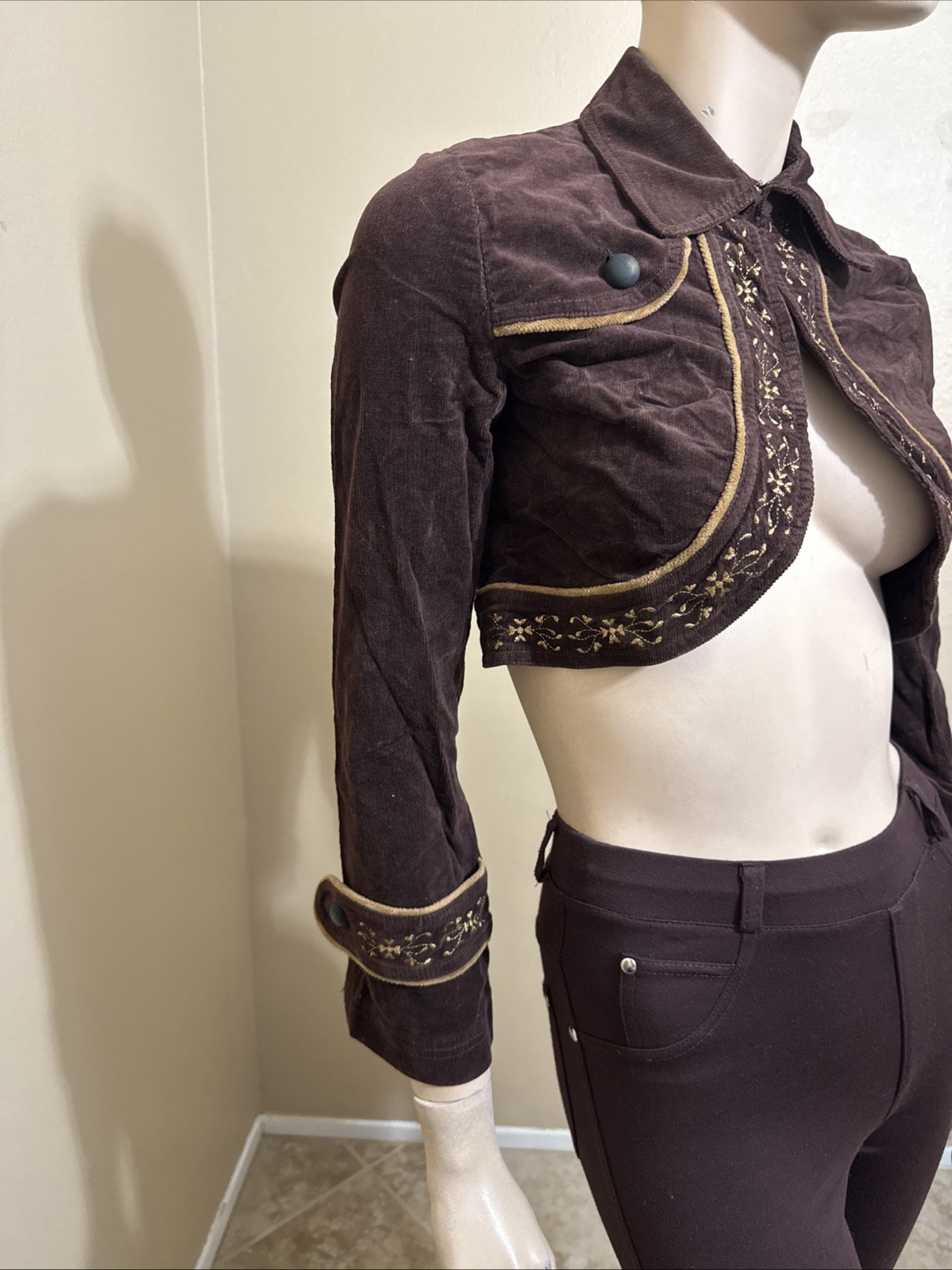 Women’s Brown Cotton Velvet Casual Embroidered Hooks Size L Short Jacket Cape