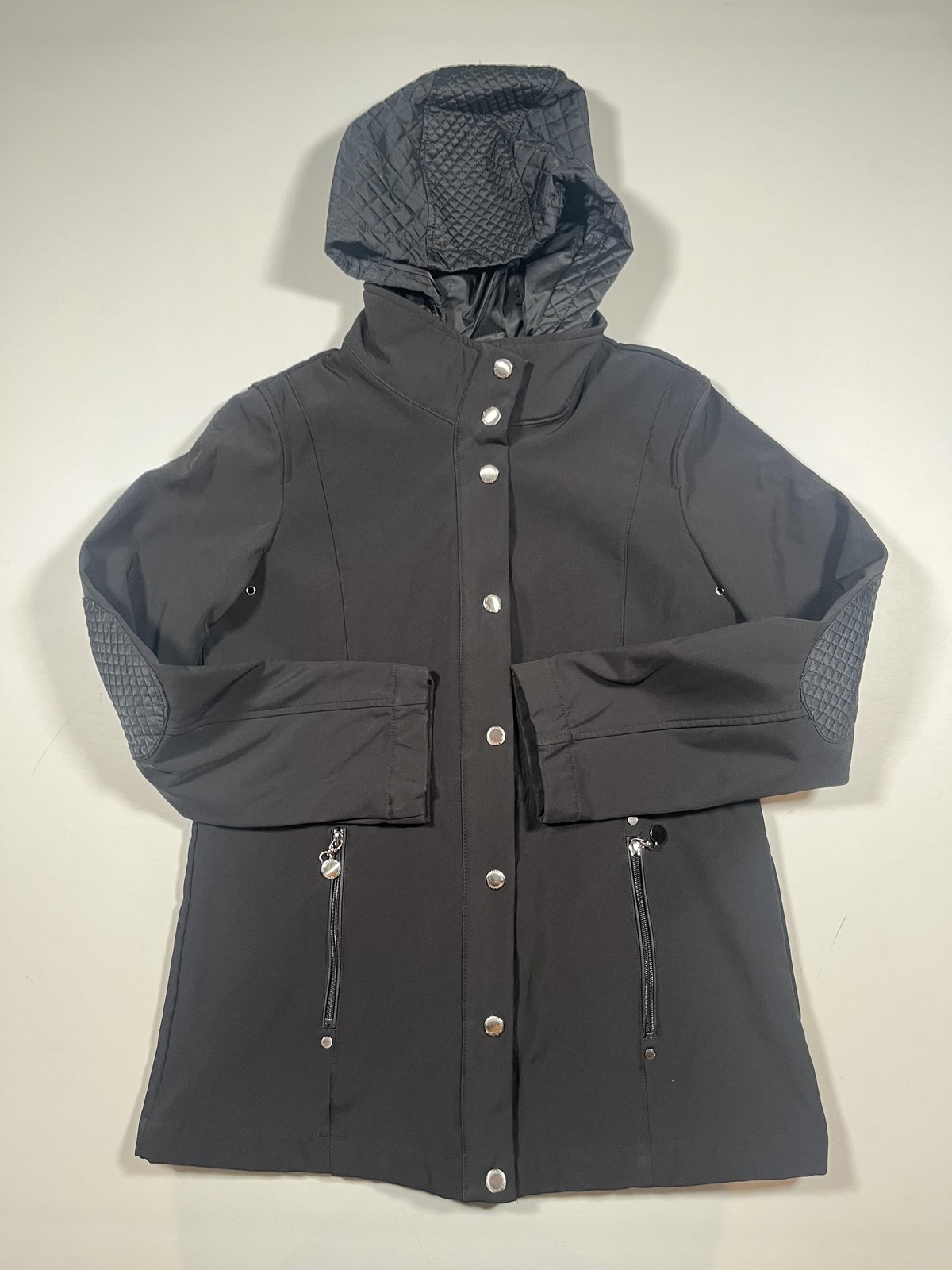 Liz Claiborne Jacket Womens Medium Black Quilted Hood Zip Pockets Softshell