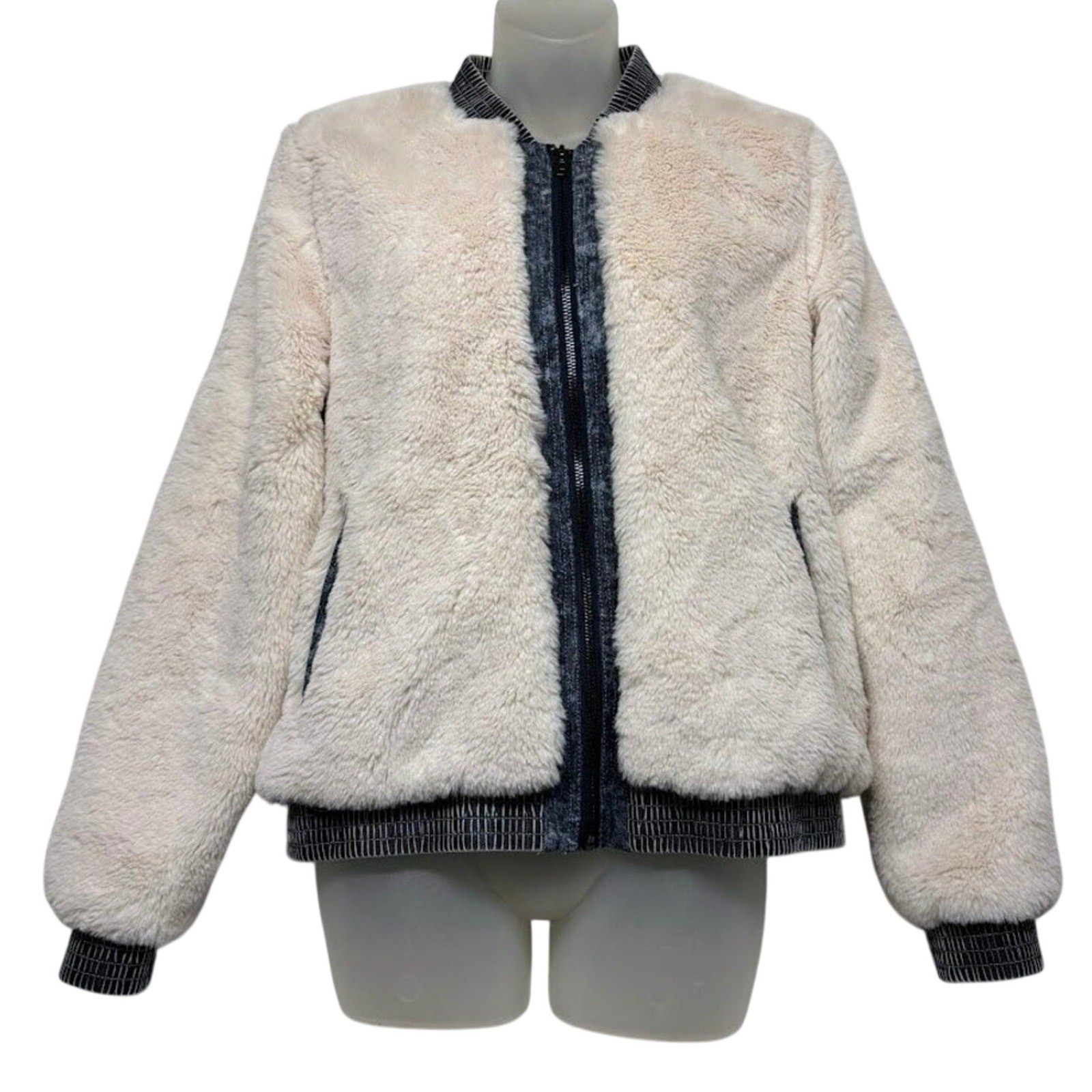 GILLI Bomber Jacket Ivory Faux Fur & Blue Denim Full Zip Jacket Women’s Size S