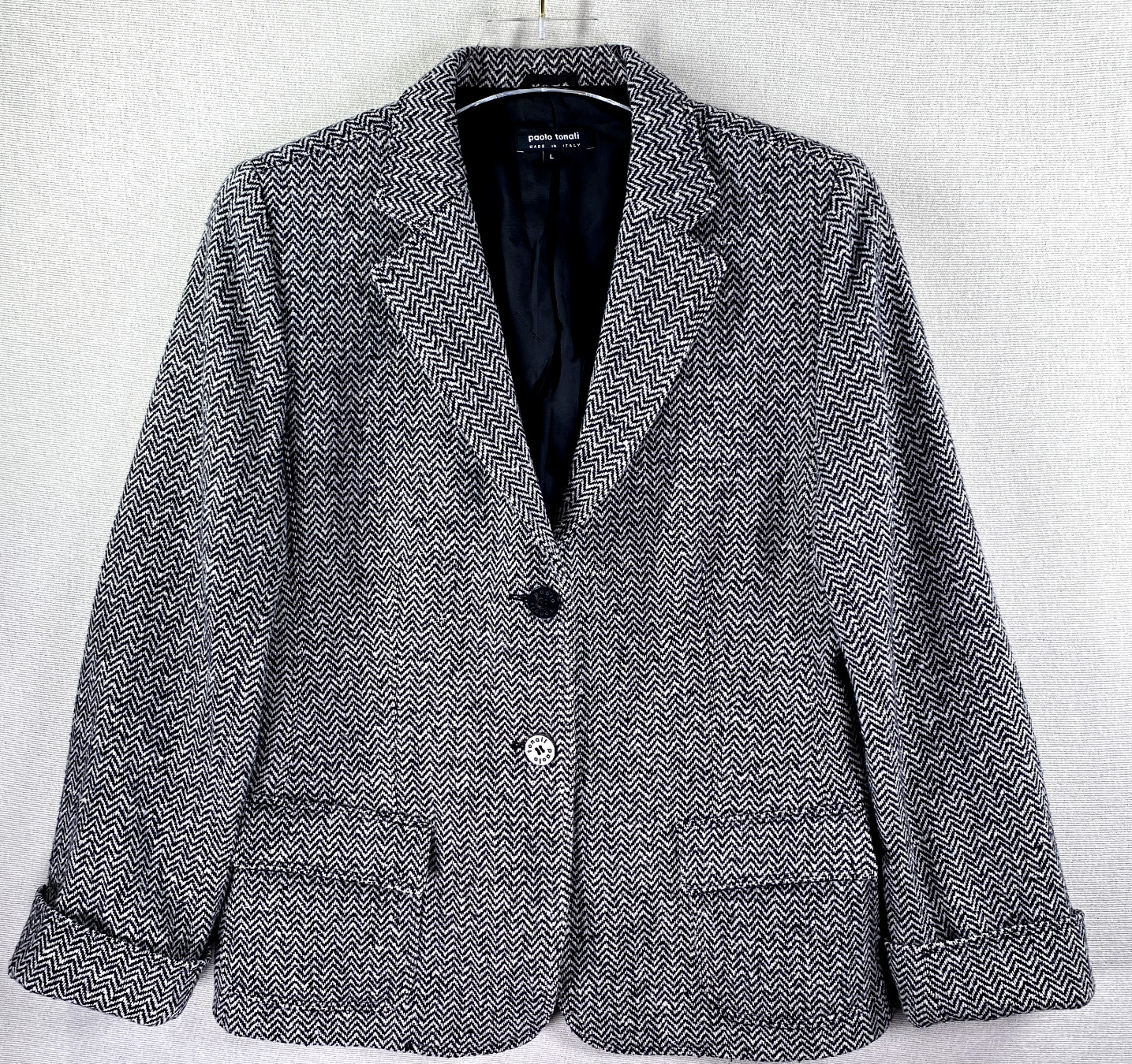 VTG Paolo Tonali Blazer Womens L Gray Herringbone 100% Virgin Wool Made in Italy
