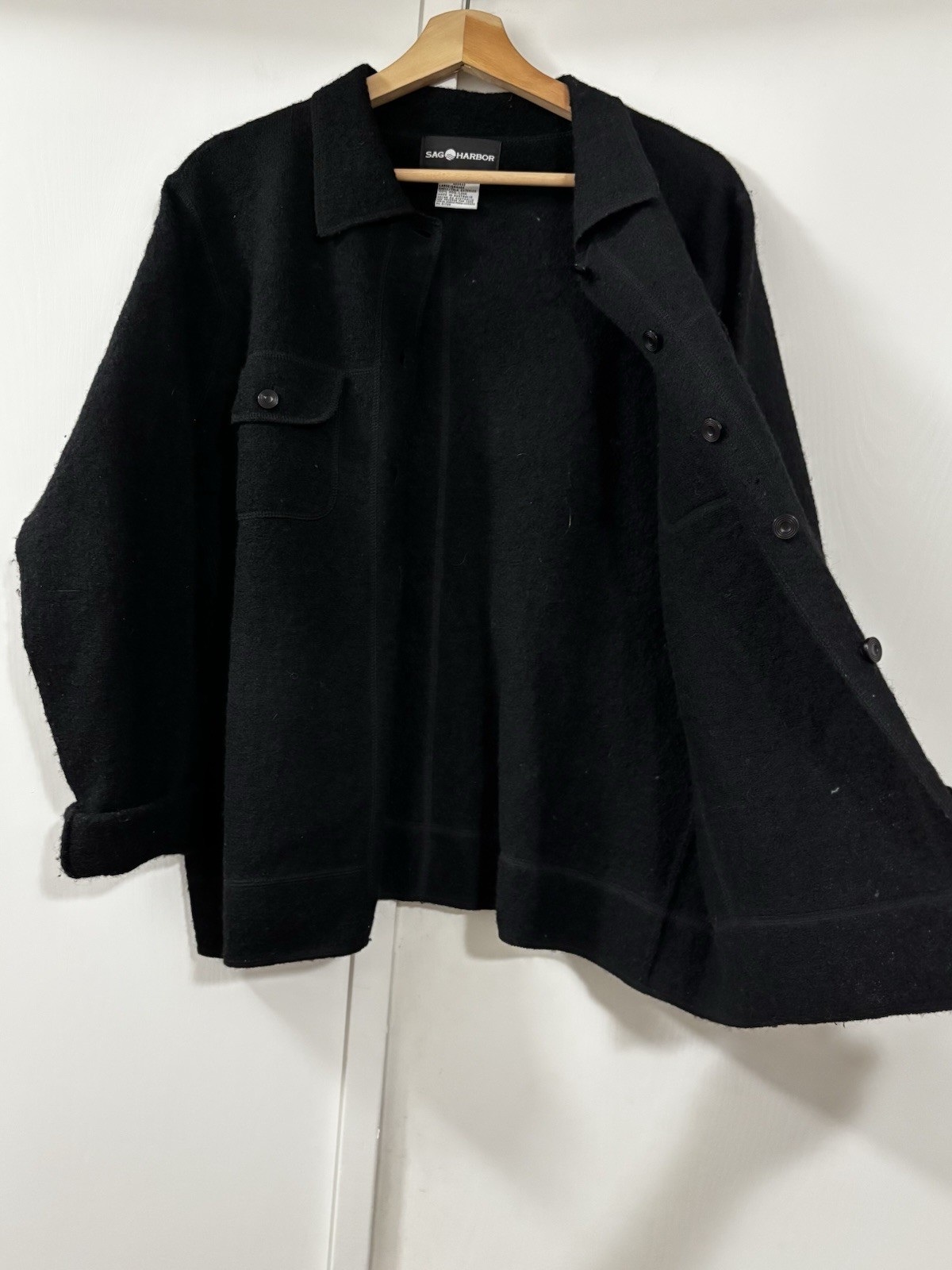 Sag Harbor Women’s Black Button Down 100% Wool Jacket Front Pockets Size Large