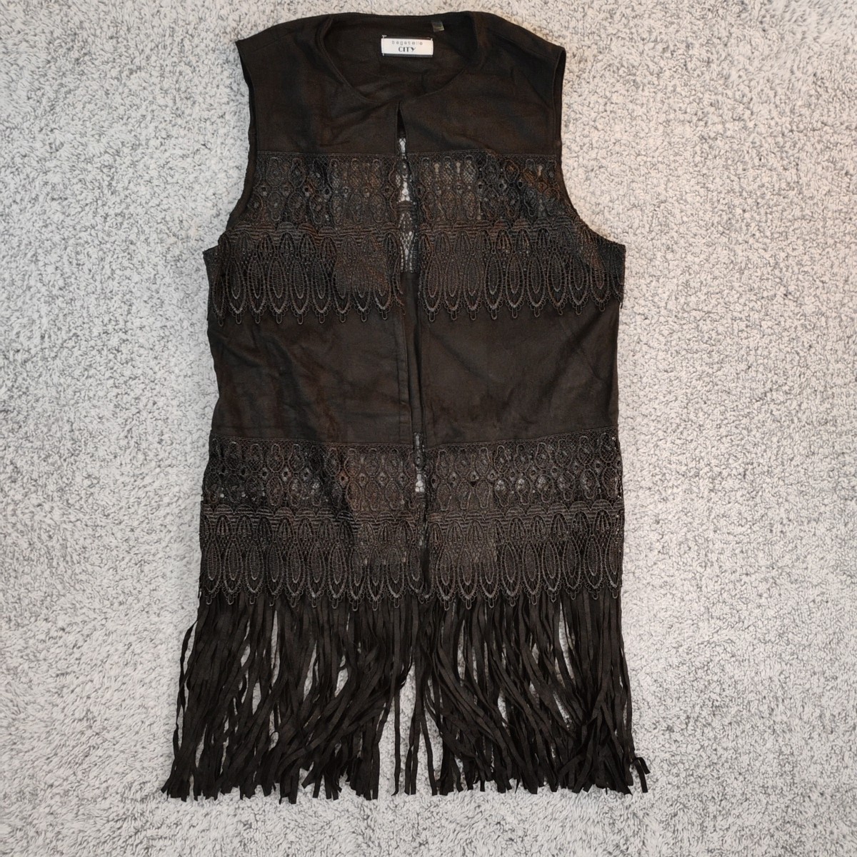 NWT Bagatelle City Ladies Vest Medium Black Faux Leather Long Fringe Mesh New