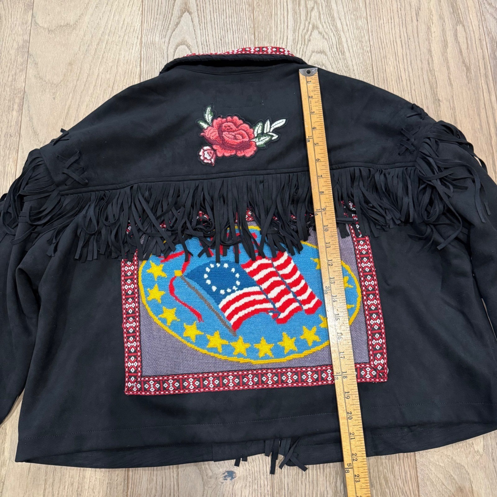 Lesal Up-Cycled Treasures Fringe Western Jacket 1776 Flag Large